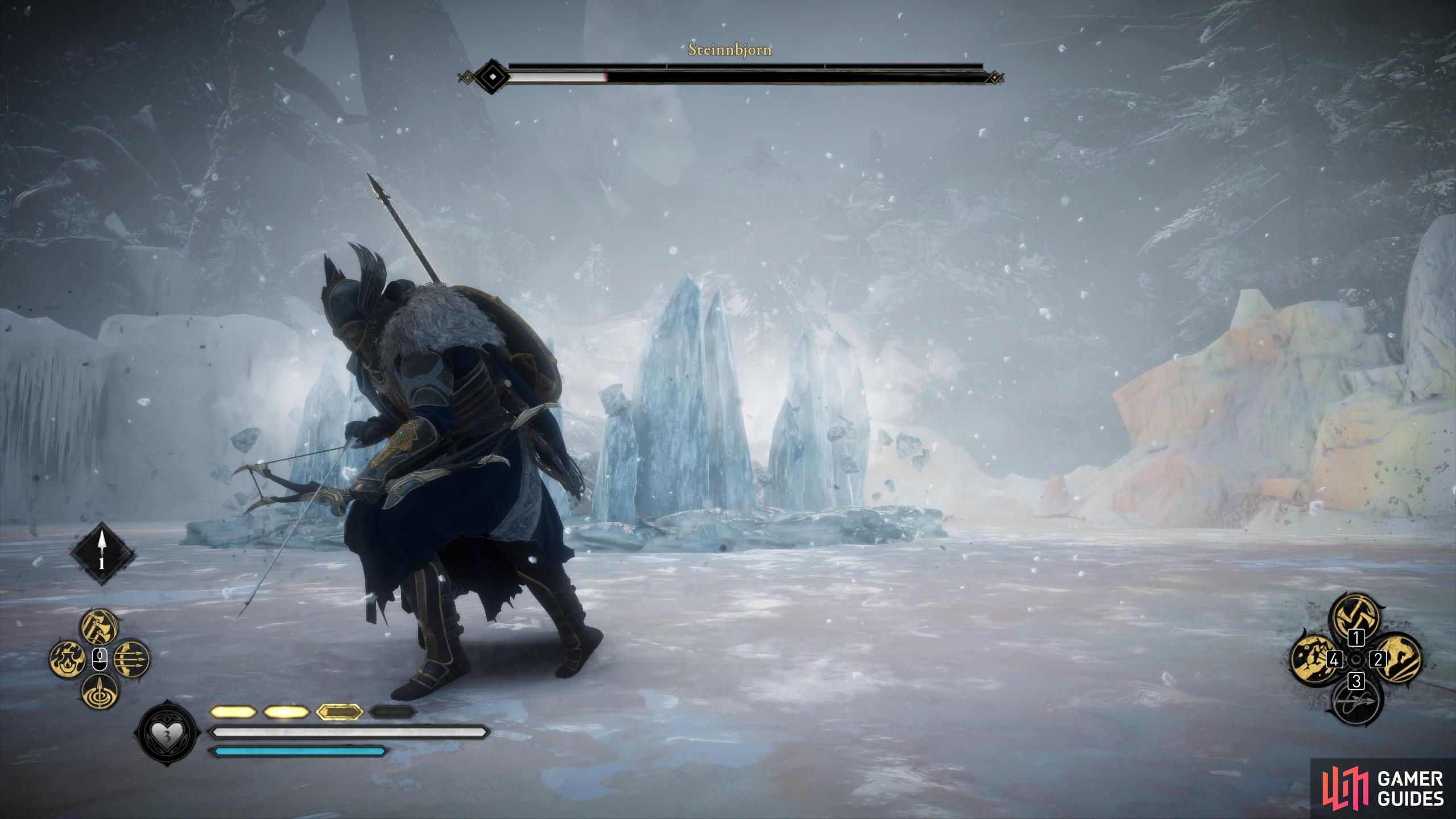 Run away from Steinnbjorn as soon as you see the ice wall to avoid further hits.
