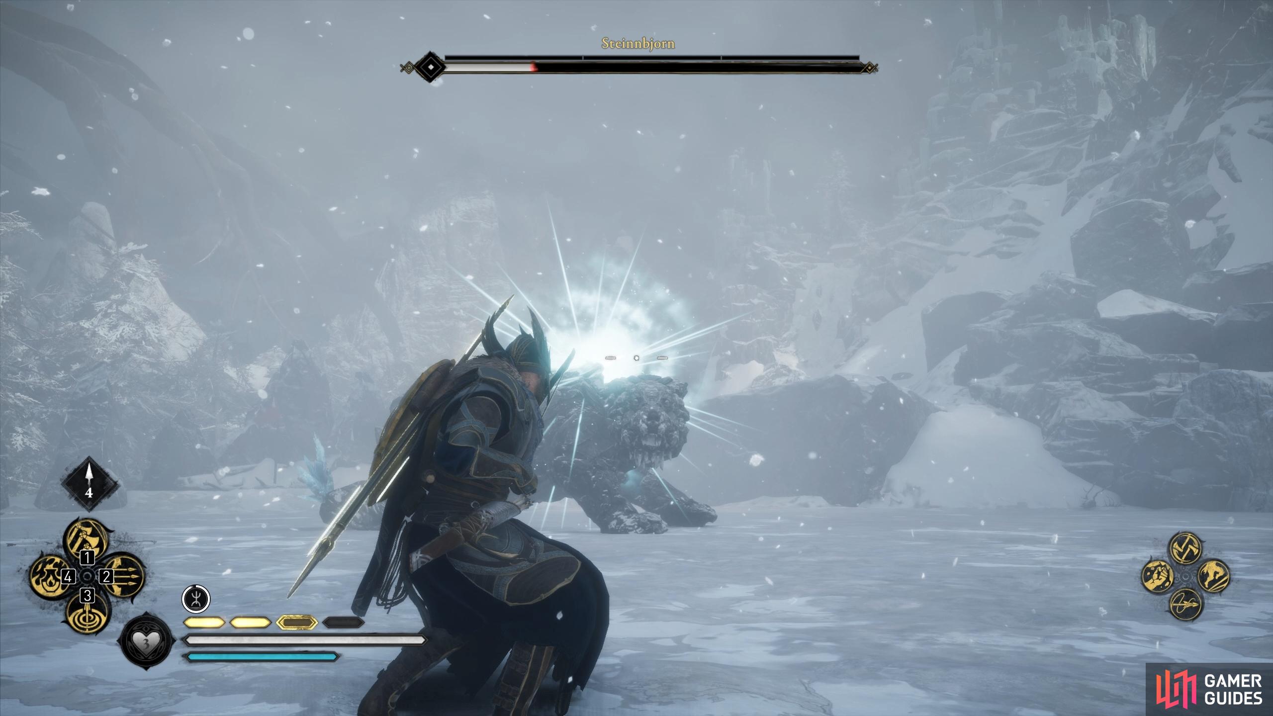 Shoot the ice from Steinnbjorn's body to stun the bear for a brief moment.
