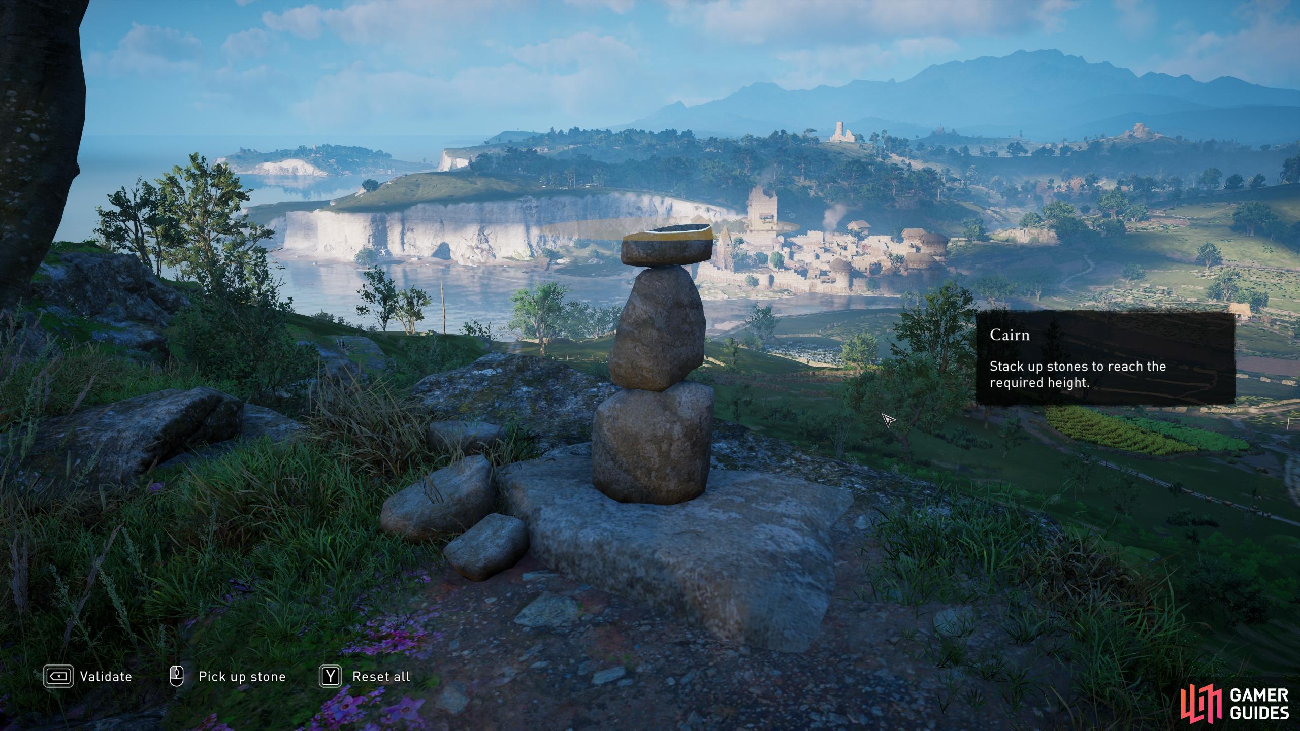 Stack the stones to the required height and then validate their position to complete the mystery.