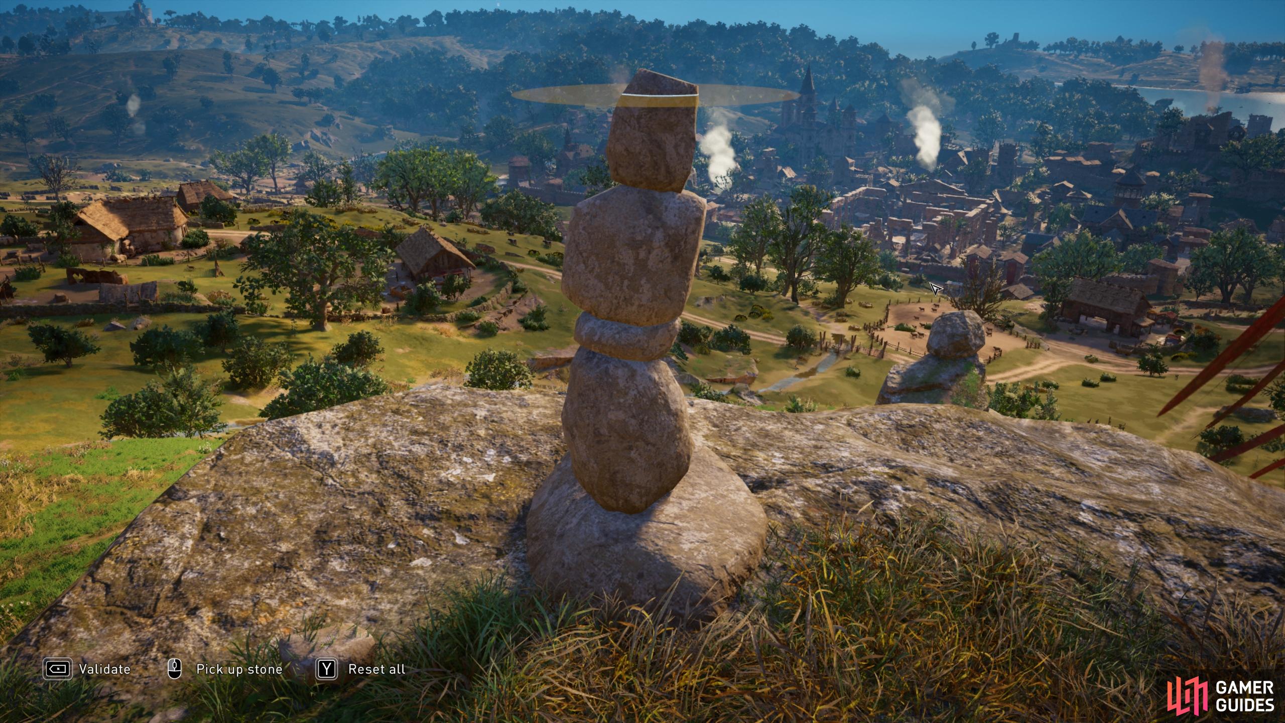 Stack the large stones vertically to reach the required height threshold.