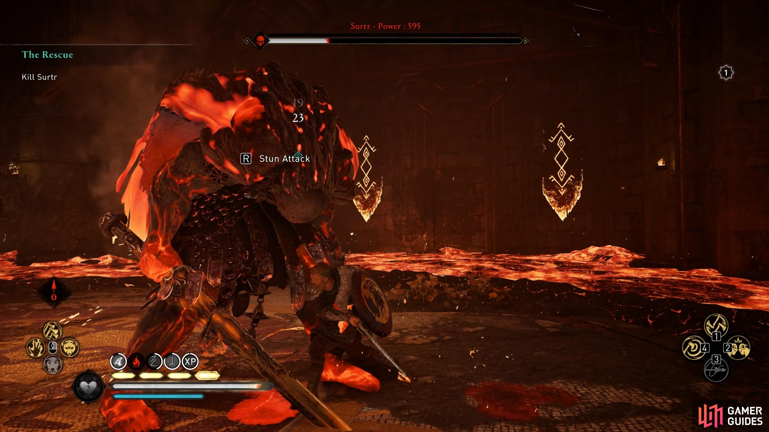 You can execute a stun attack once you've hit all of Surtr's weak points, or when his health is somewhere below 25%.