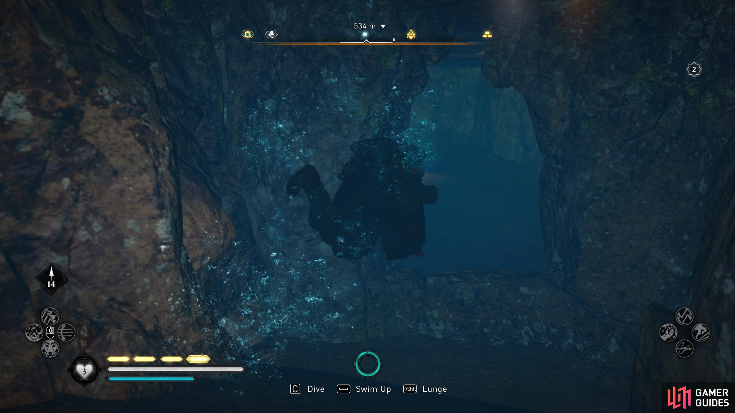 Once you're in the cave, dive under the water and through the hole to the other side.
