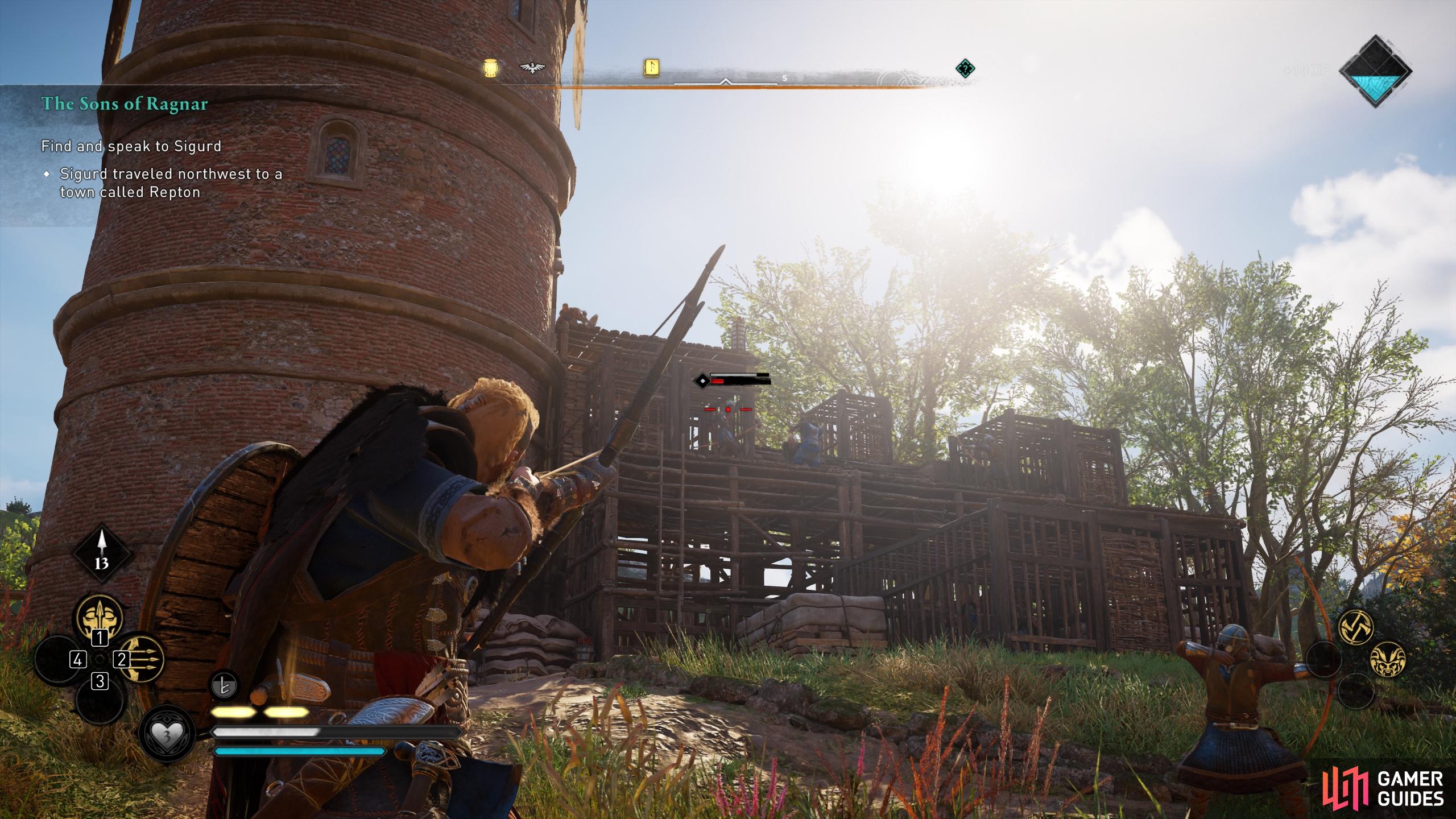 Take out the archers on the wooden structure to the right of the tower.