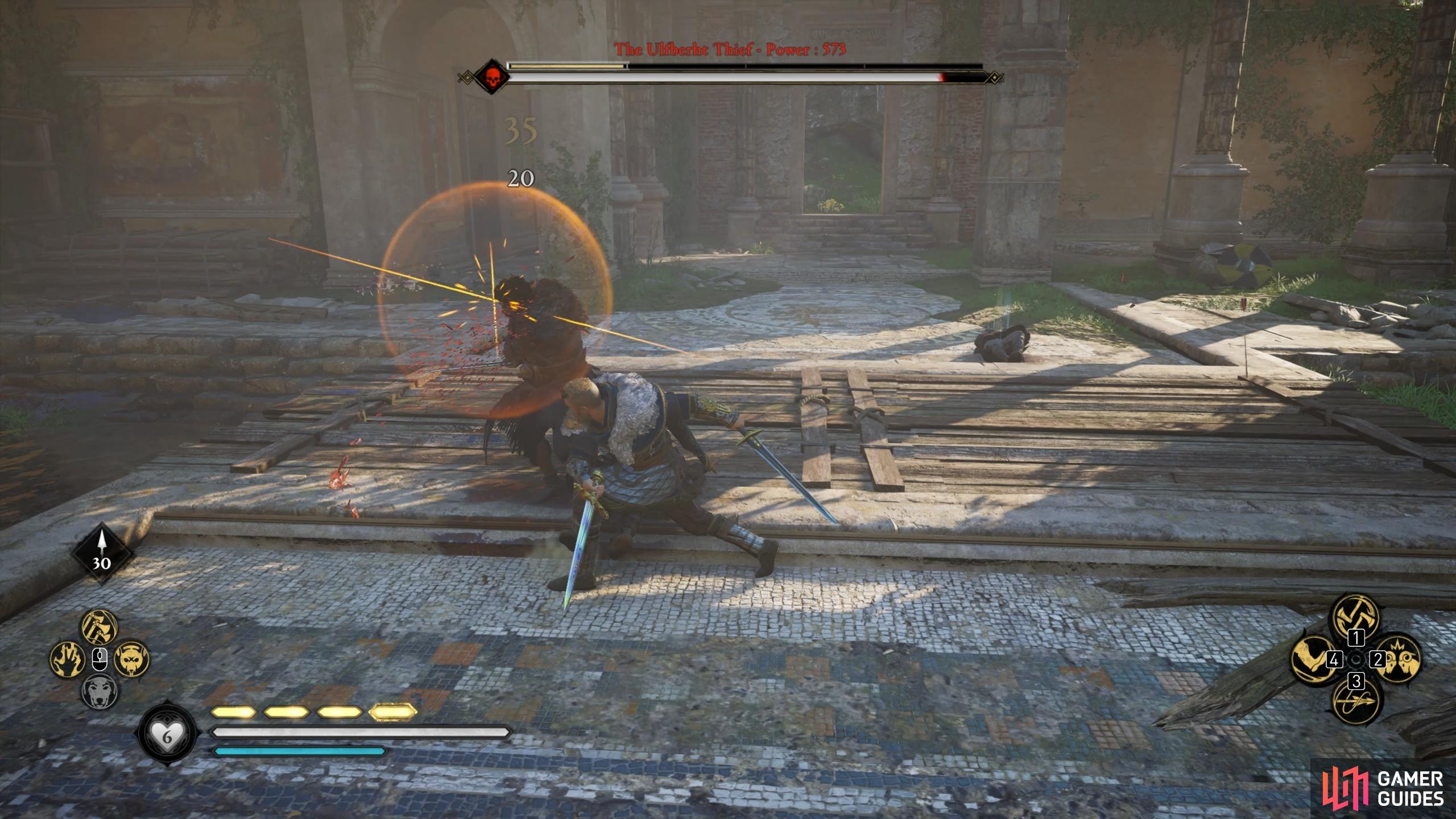 You can block or parry the regular chain attacks indicated by an orange aura.