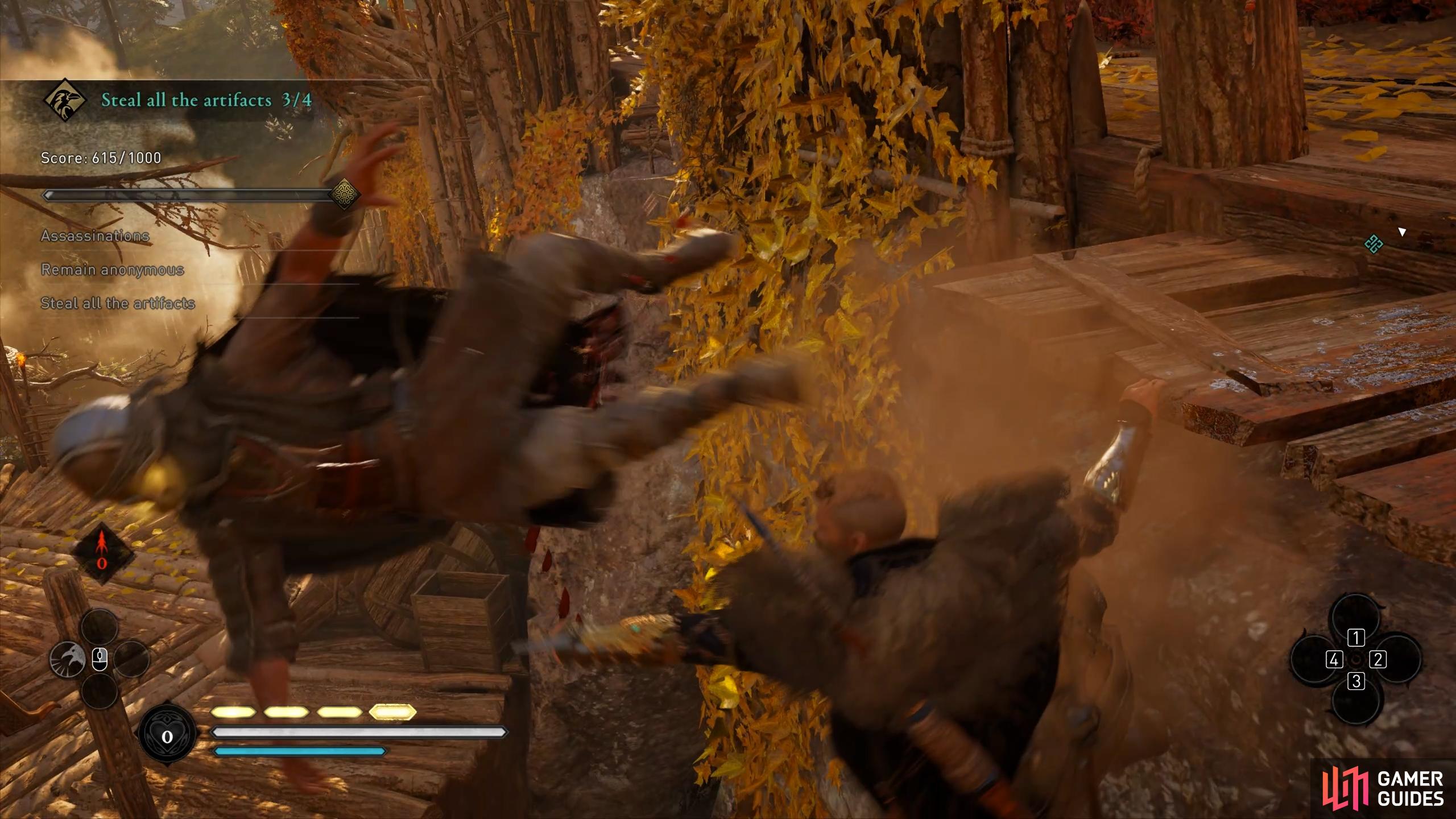 Assassinate the guard by throwing him off the ledge when they approach.