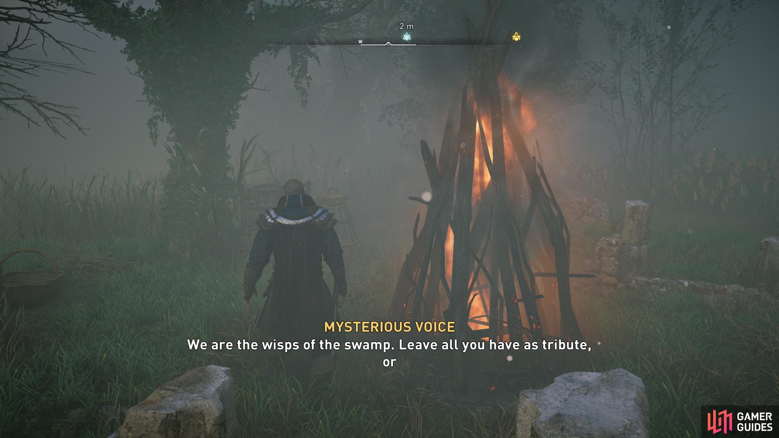 When you arrive at the mystery location, you'll hear voices from the mist.