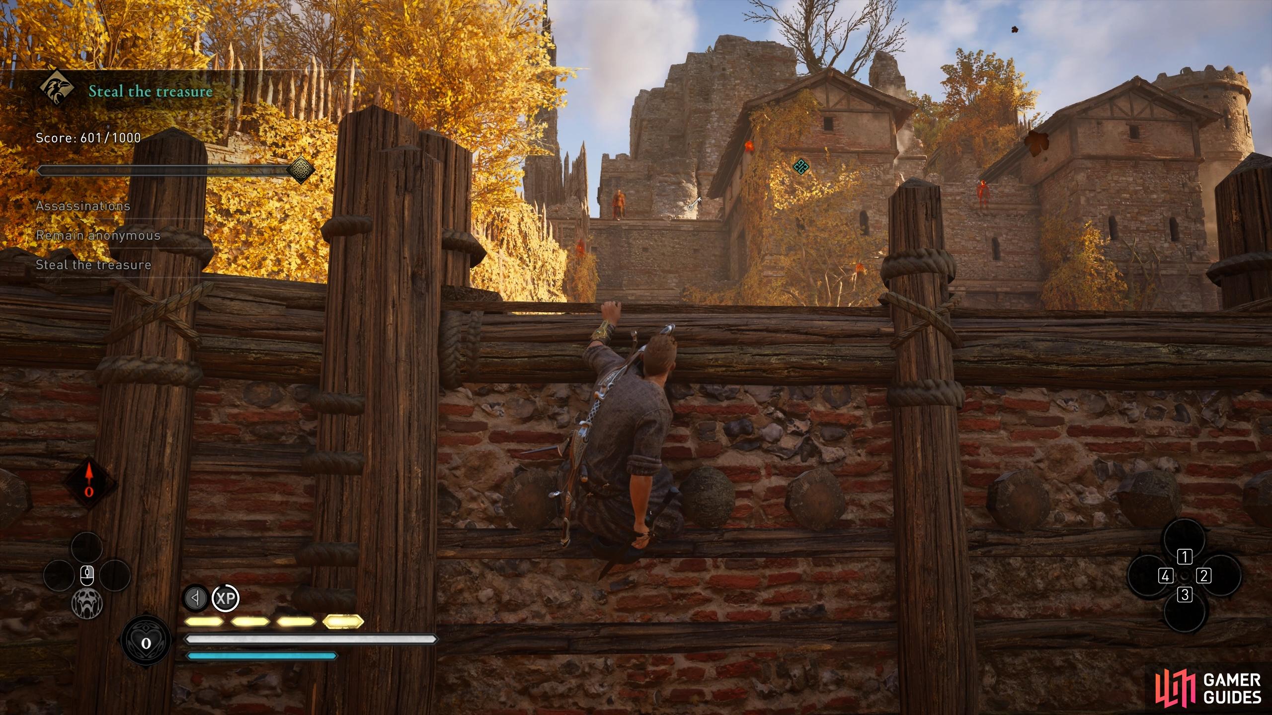 Wait for the guard on the ledge to move away before you run beneath the wall.