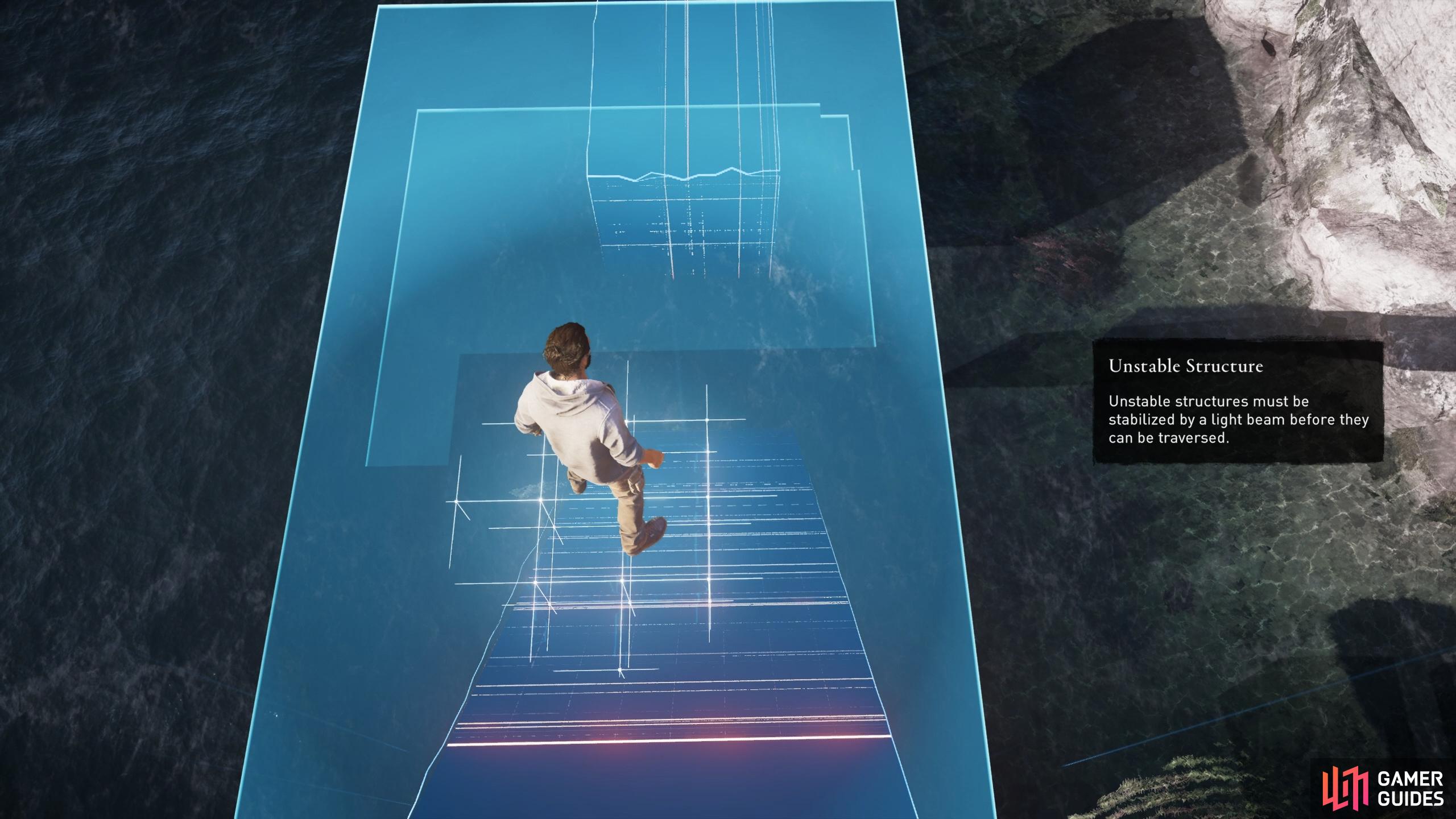 Wait for the unstable platform to disappear, allowing you to drop to the slope below.
