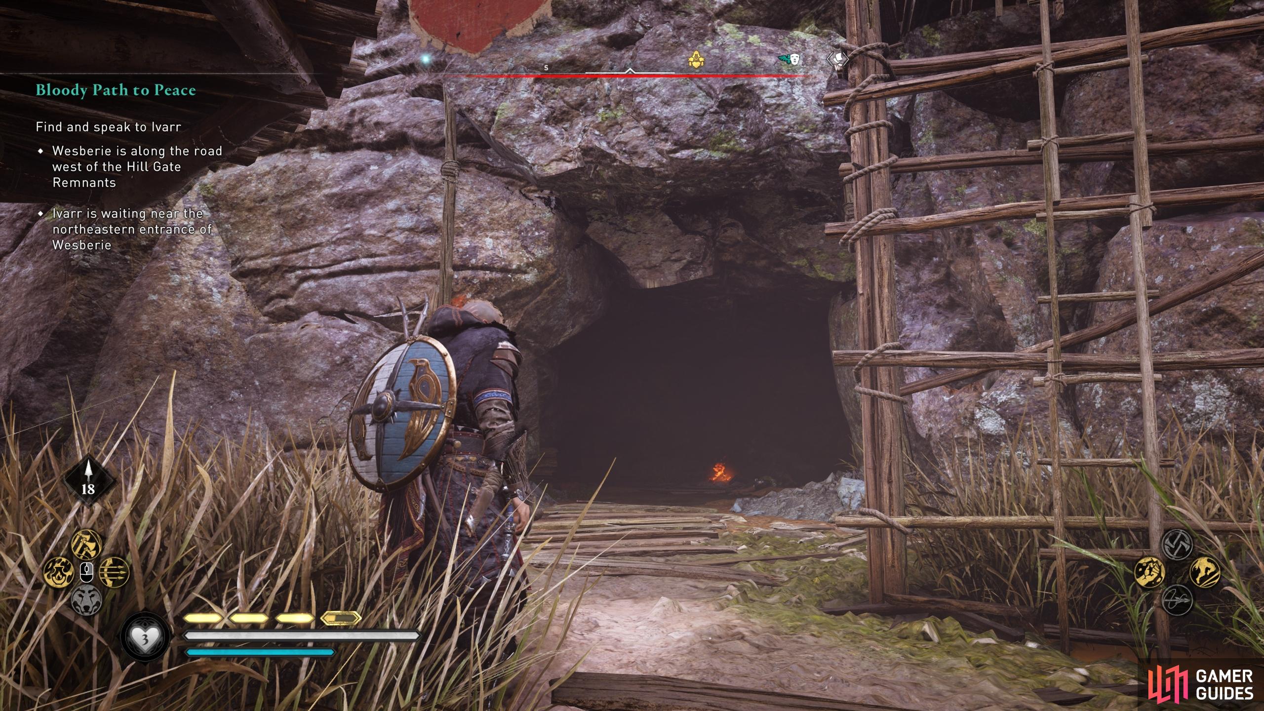 The entrance to the cave where you'll find the treasure chest containing the Brigandine Helm.