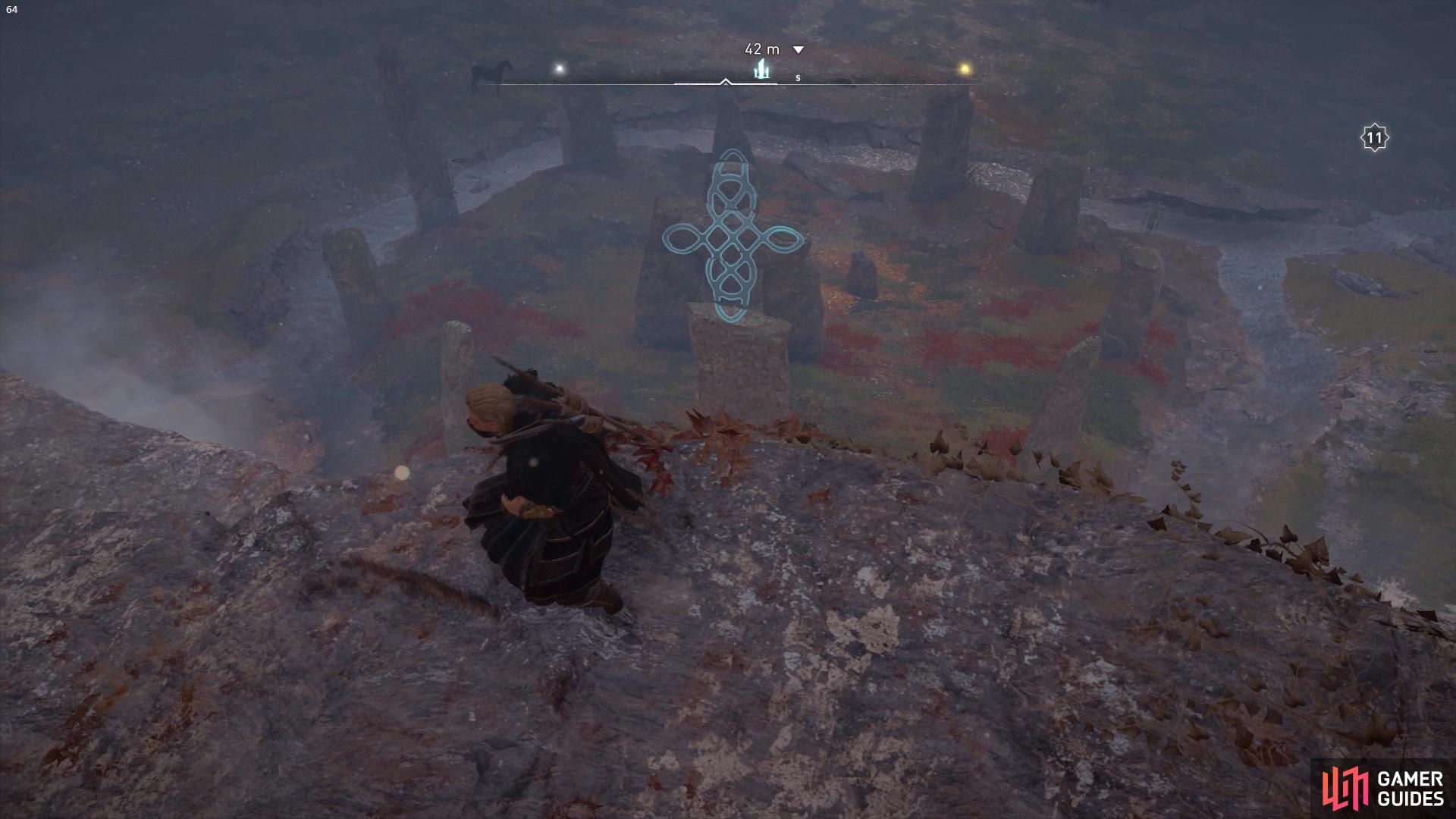 To align this symbol you'll need to head up onto the top of the cliff near the waterfall.
