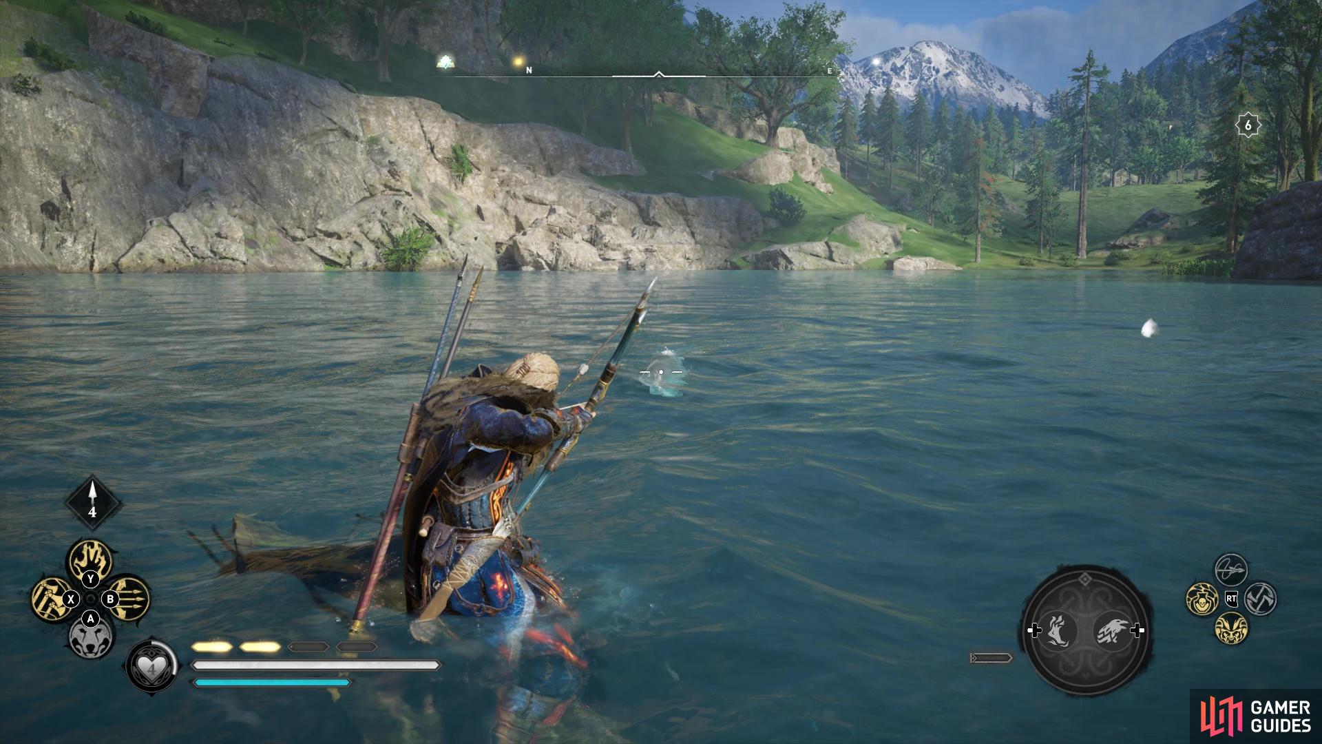 Find the largest fish in the nearby waters and shoot it (or use your fishing rod).