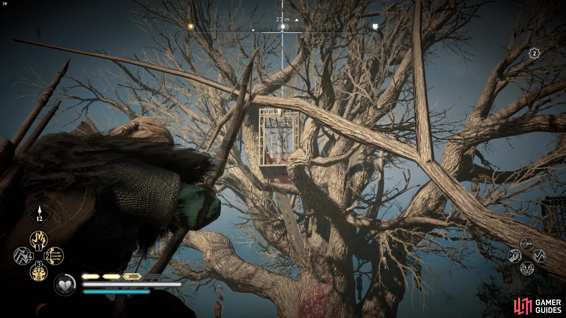 When youre at the end of the line of trees, use your bow to shoot down the cursed symbol.