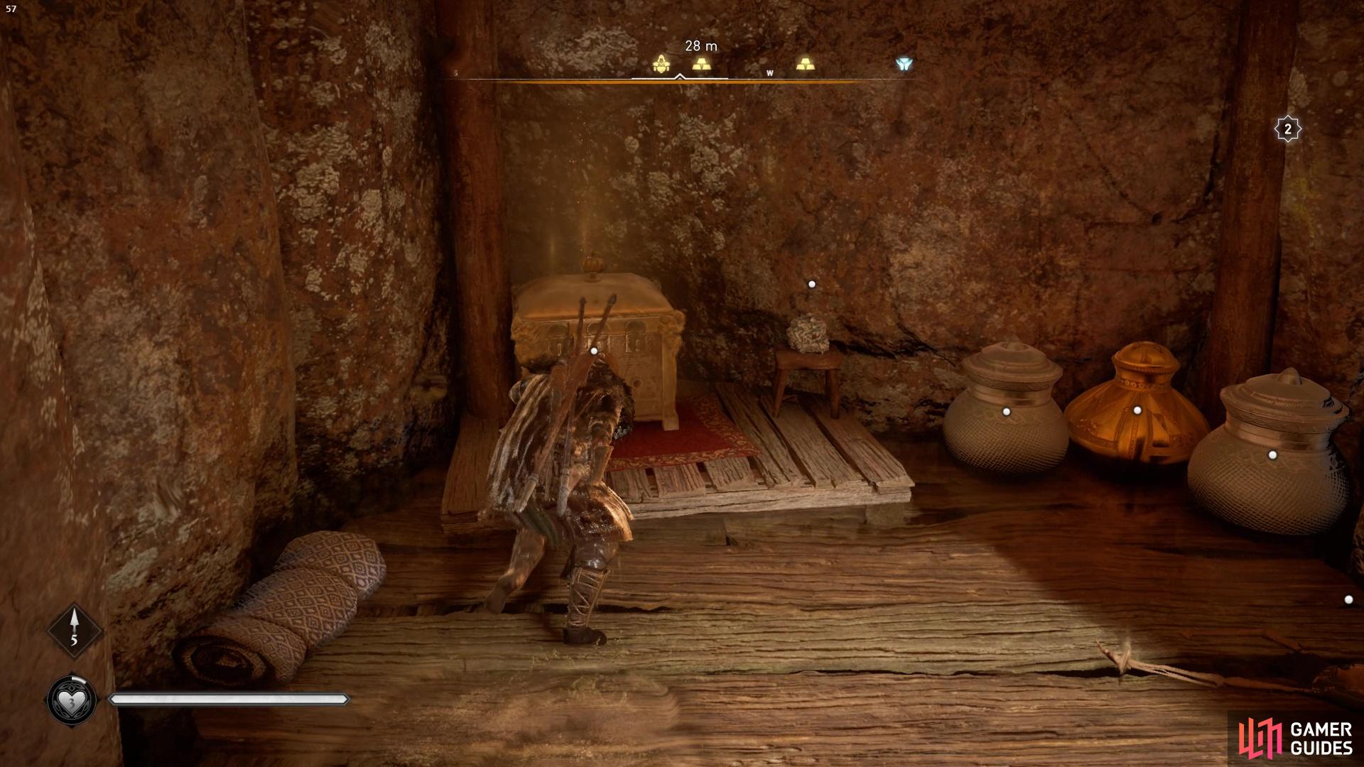 you'll find the Sarcophagus Shield in a secret room in the caves.