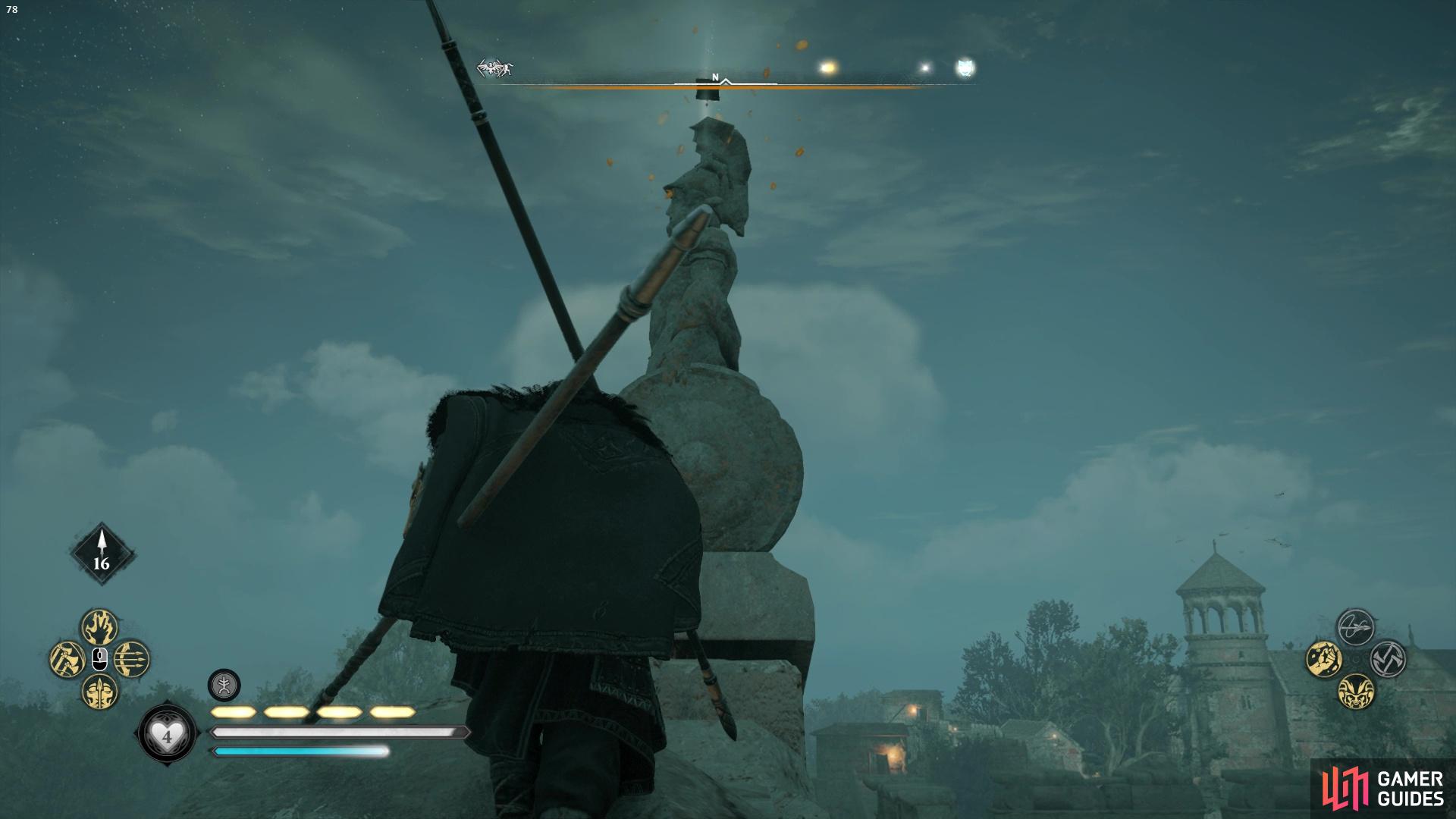 Itll land on the top of a statue nearby.