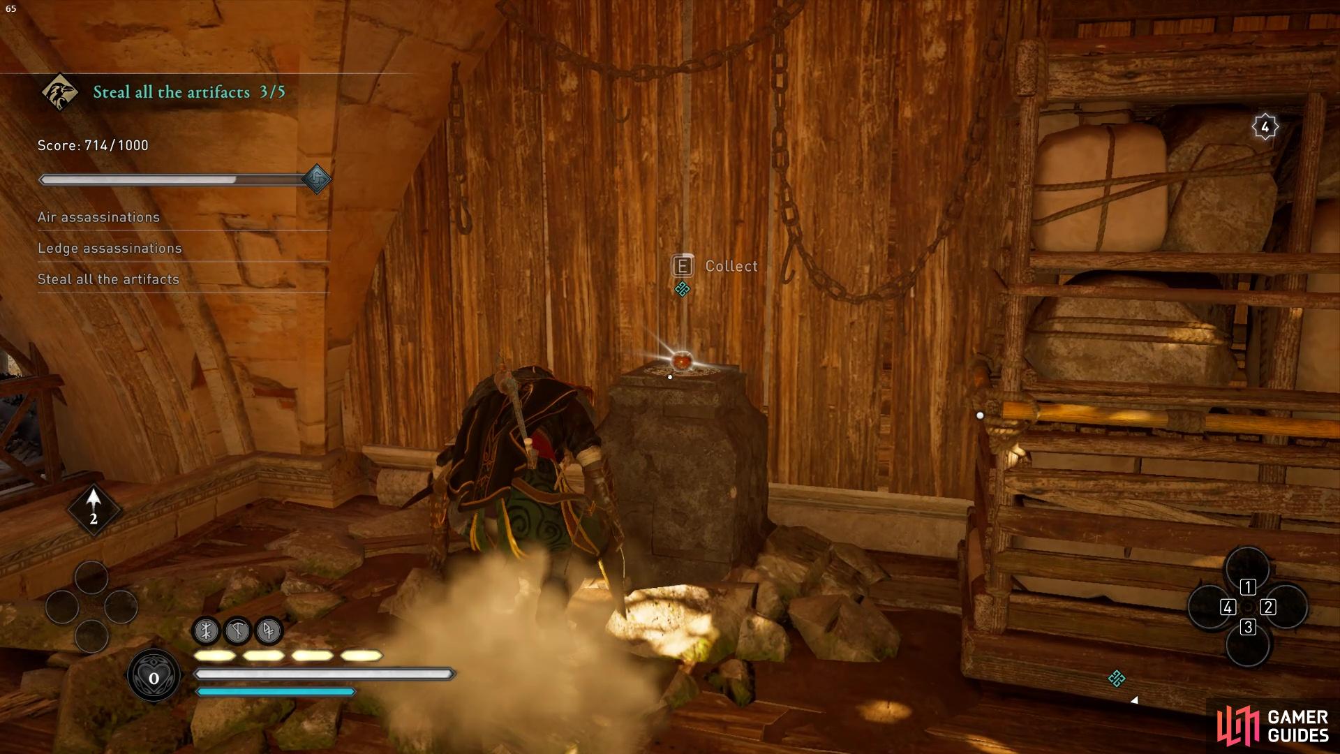 You'll be able to grab an artifact from the room once you've exploded the oil vases and made a hole in the floor.