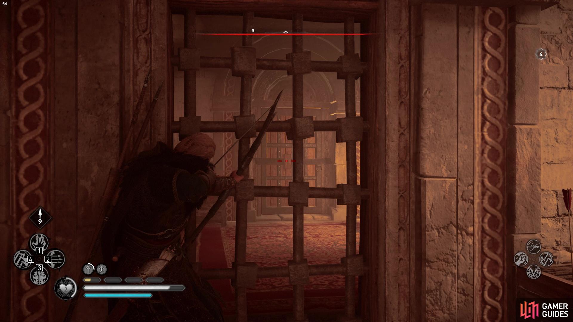 Youll first need to enter the main abbey and shoot the door lock through the bars.
