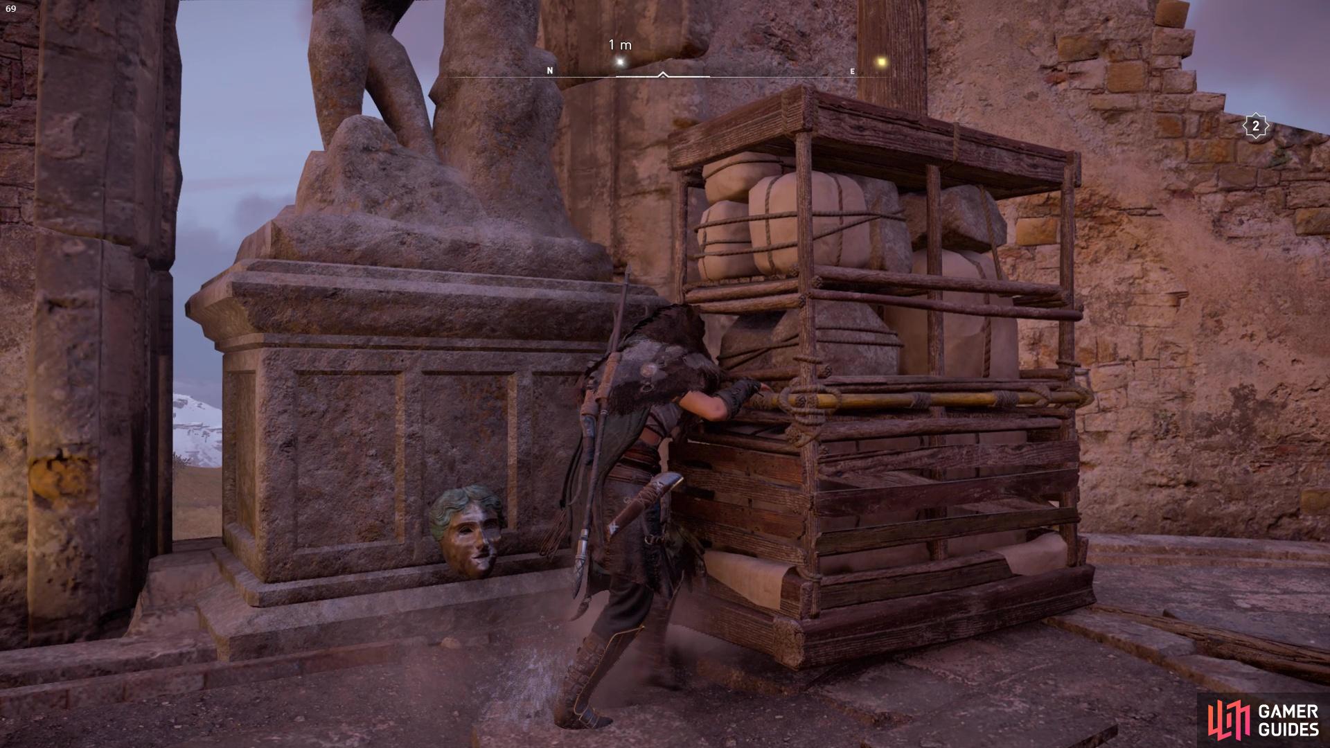 climb up onto the higher platform then move the barricade near the statue to reach the Roman Artifact.