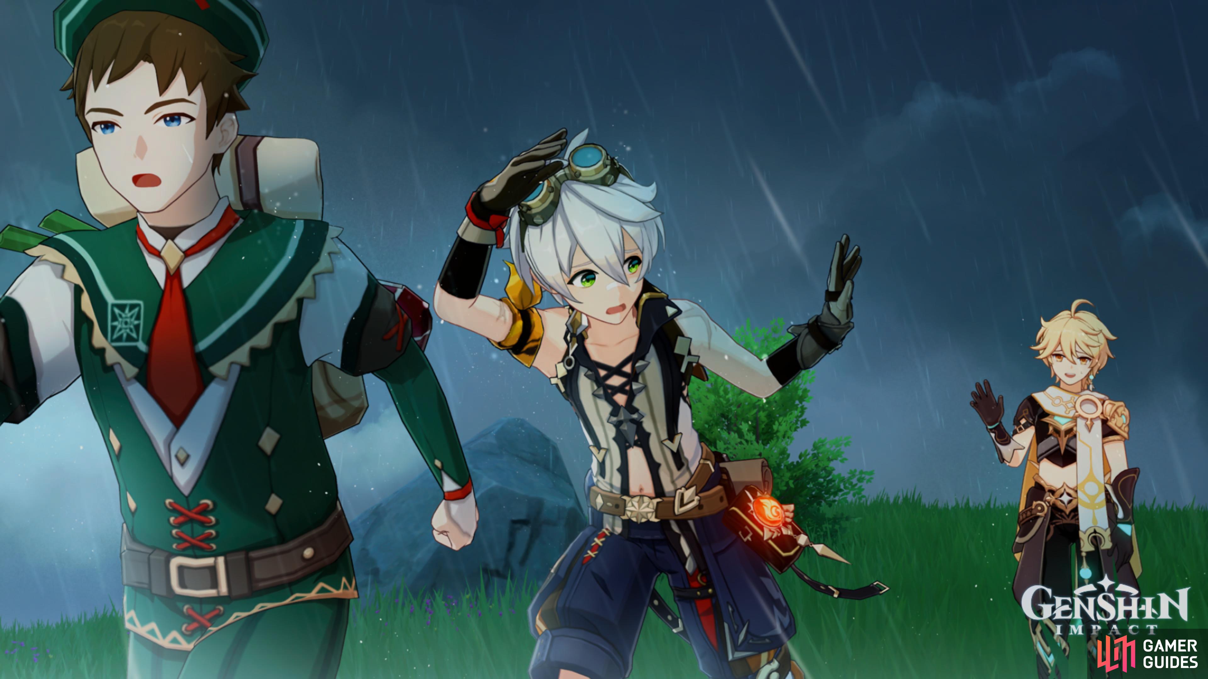 The Traveler waving goodbye to Bennett and Jack amidst a thunderstorm.