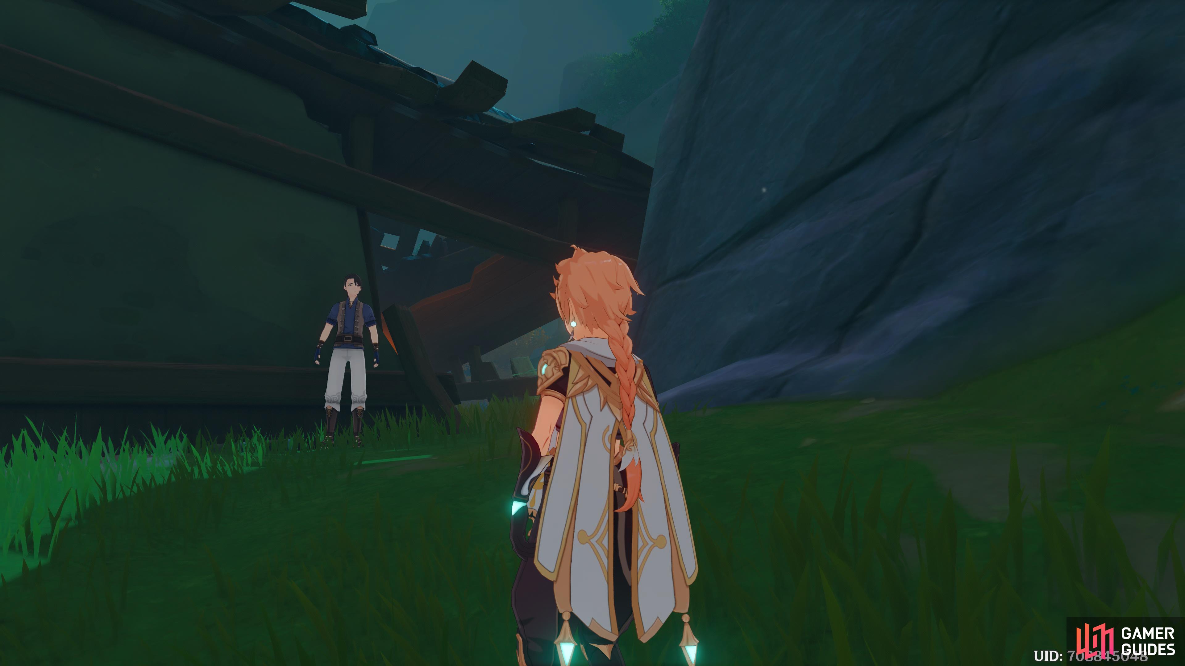 The Traveler speaking to Zhouliang behind the dilapidated house in Wuwang Hill.