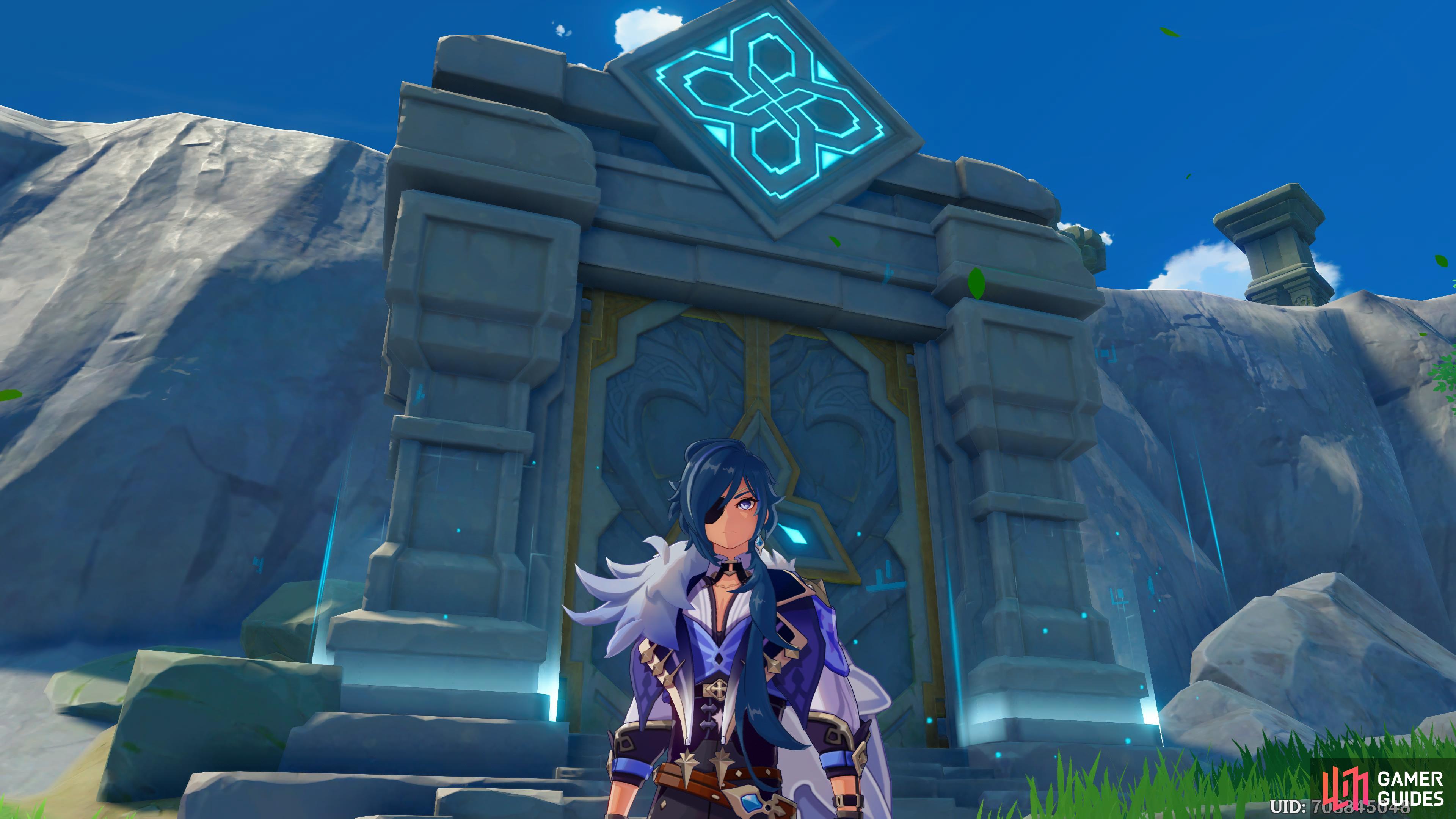 Kaeya waiting for you outside the Temple of Wolf.