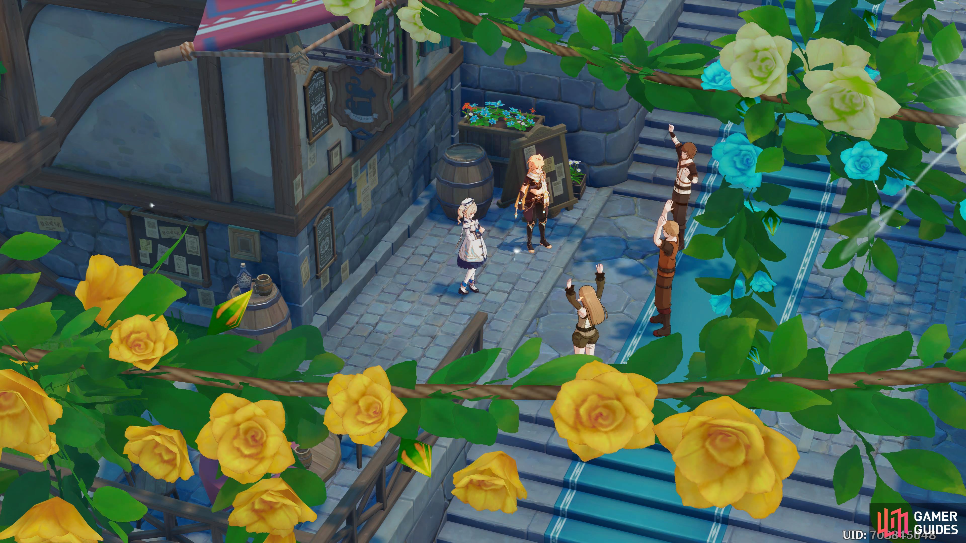 Yellow flowers bloom overhead whilst Barbara and the Traveler deal with her fans.