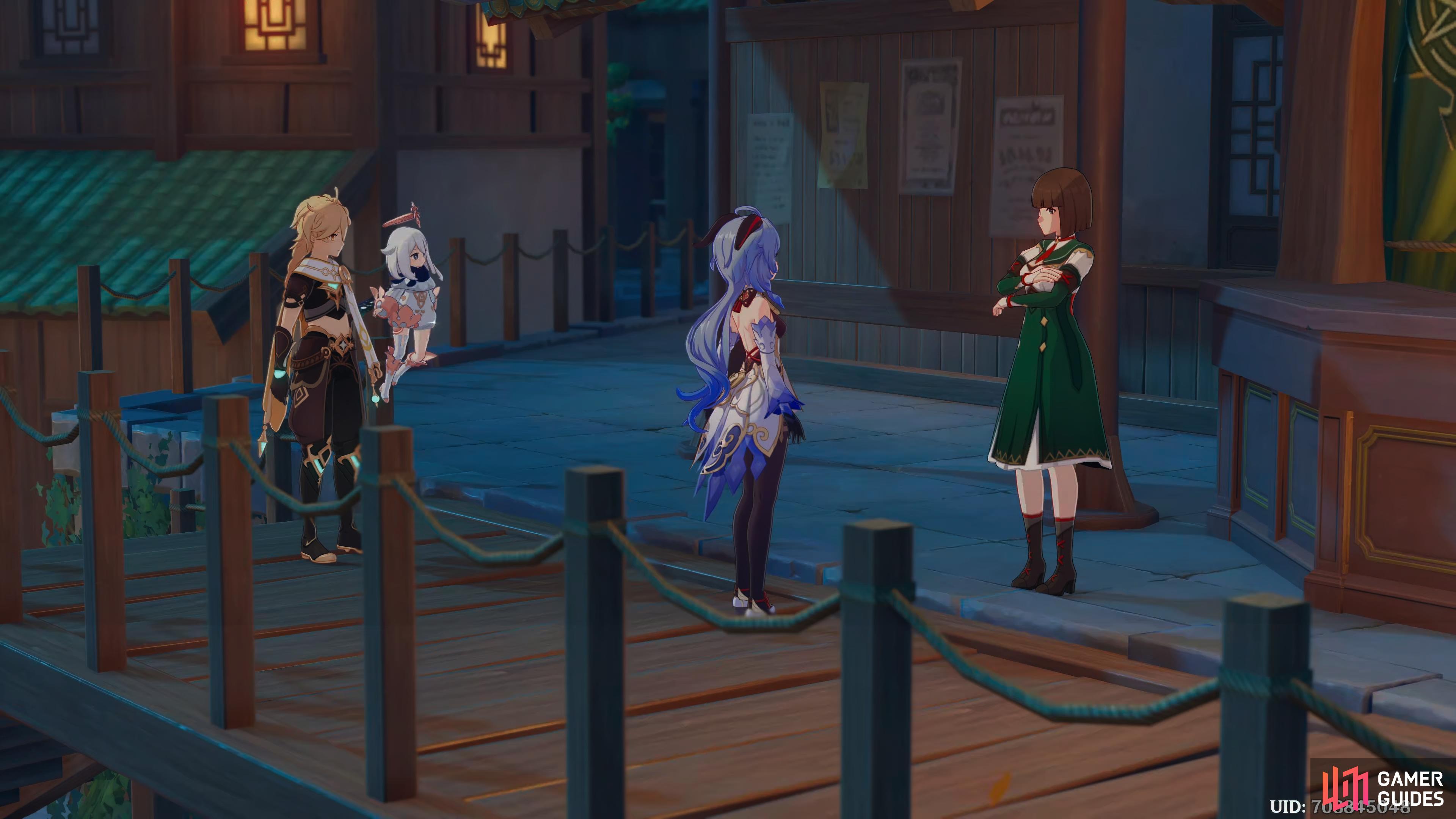 Traveler and Paimon listening to Ganyu and Lan's conversation at the Adventure Guild.