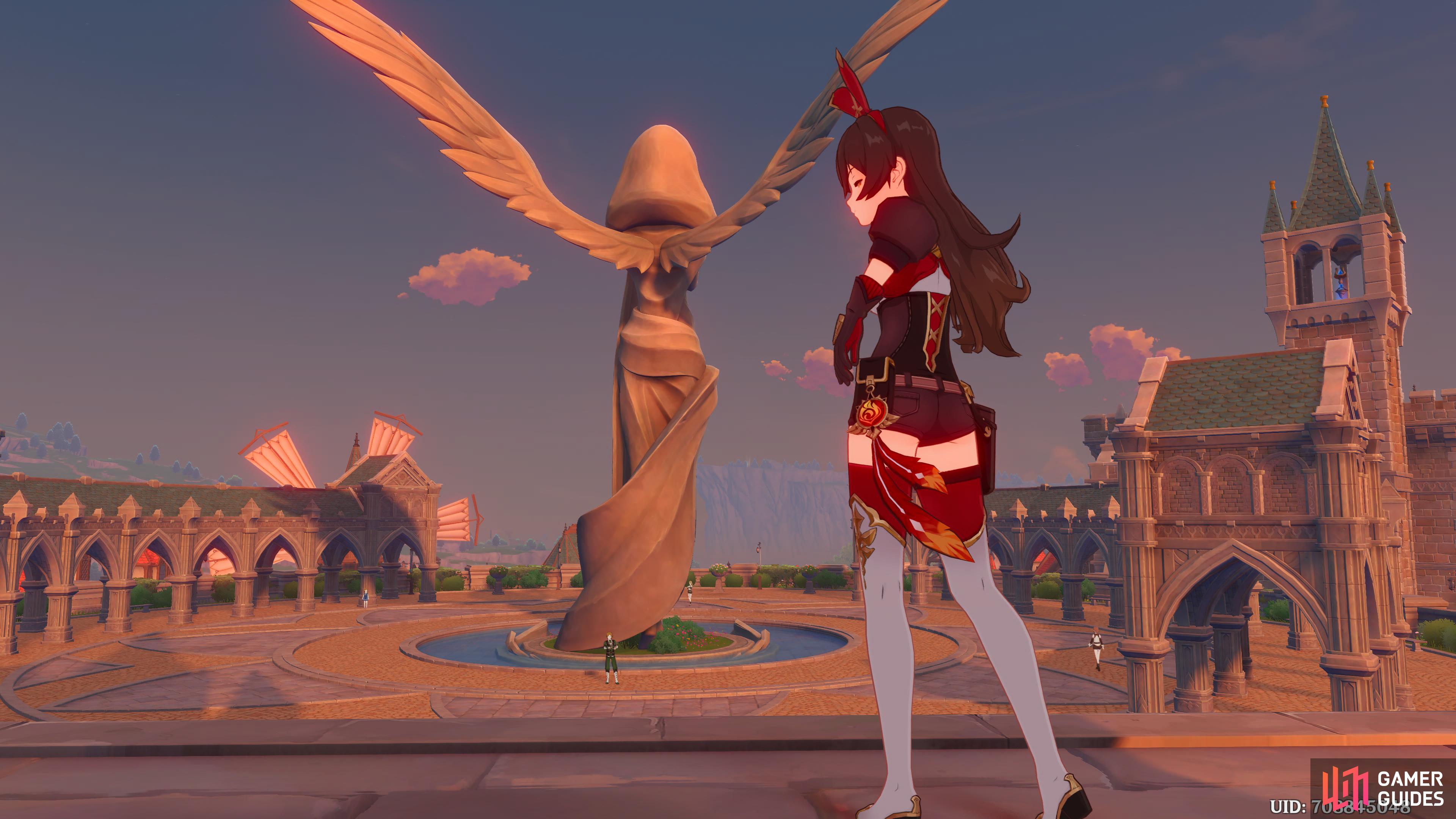 Amber waiting for the Traveler at the Mondstadt Plaza.