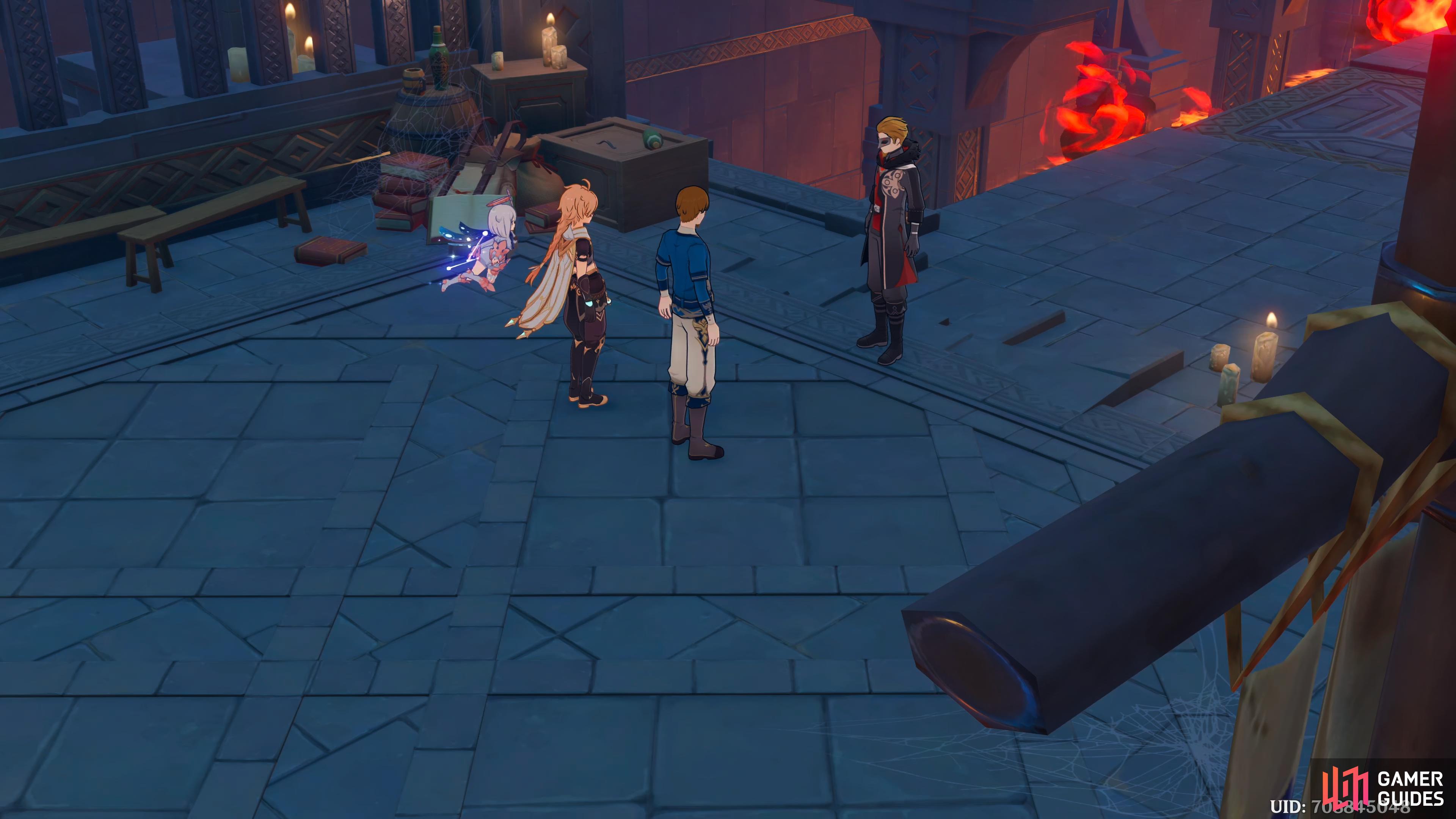 The Traveler, Paimon, and Shubert meeting with the Fatui Agent, Sergei.