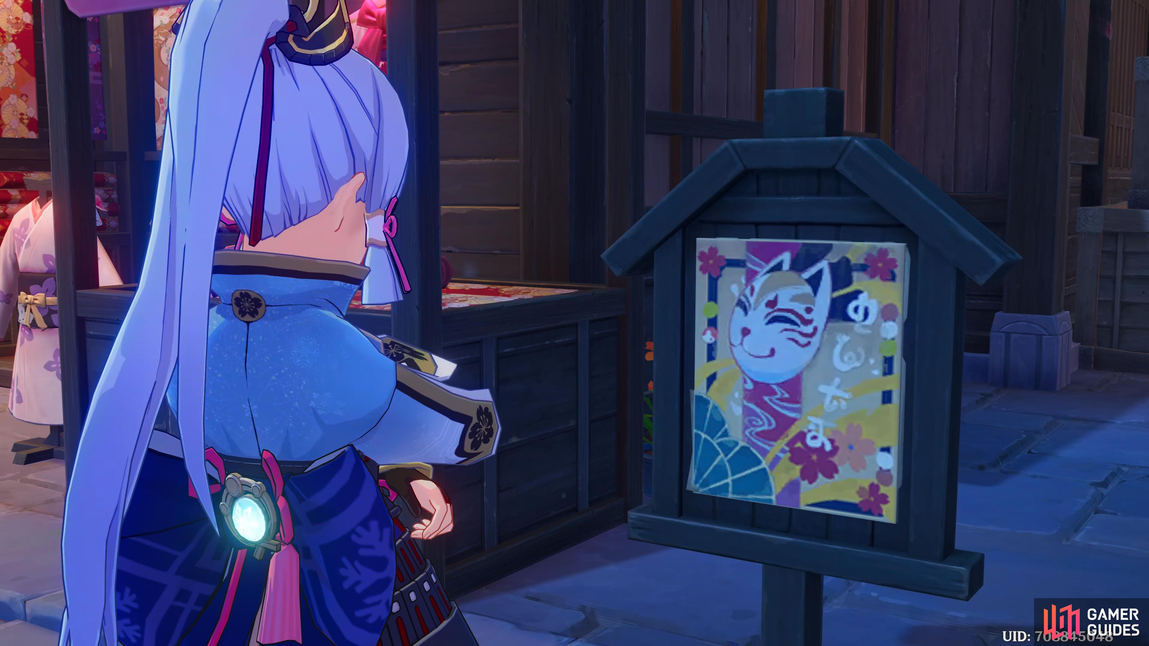 Ayaka is looking at the promotion poster outside Ogura Textiles and Kimonos.