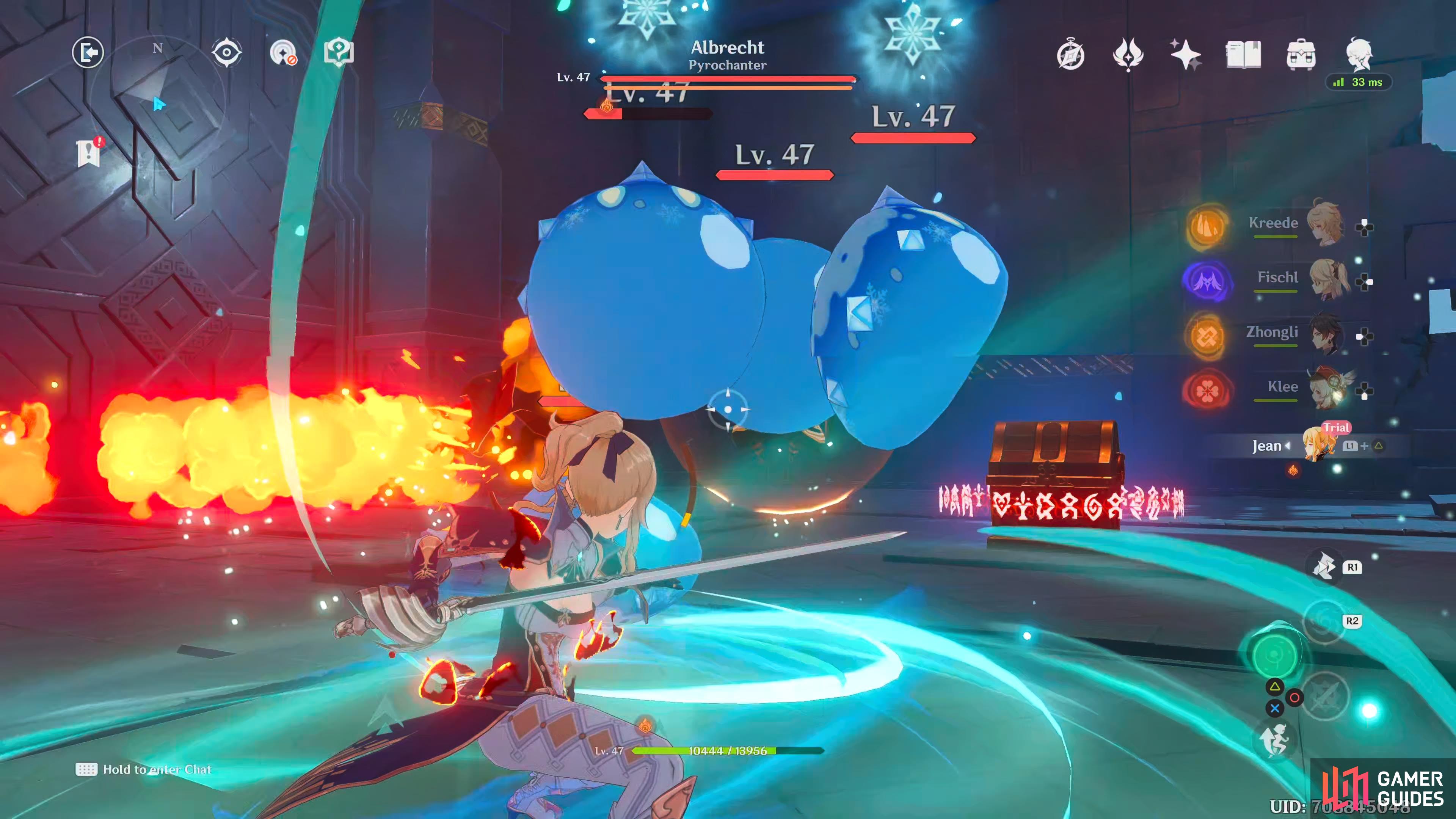 use Gale Blade to pull the Cryo Slimes towards you and then release them at Albrecht to deal significant damage to its Shield