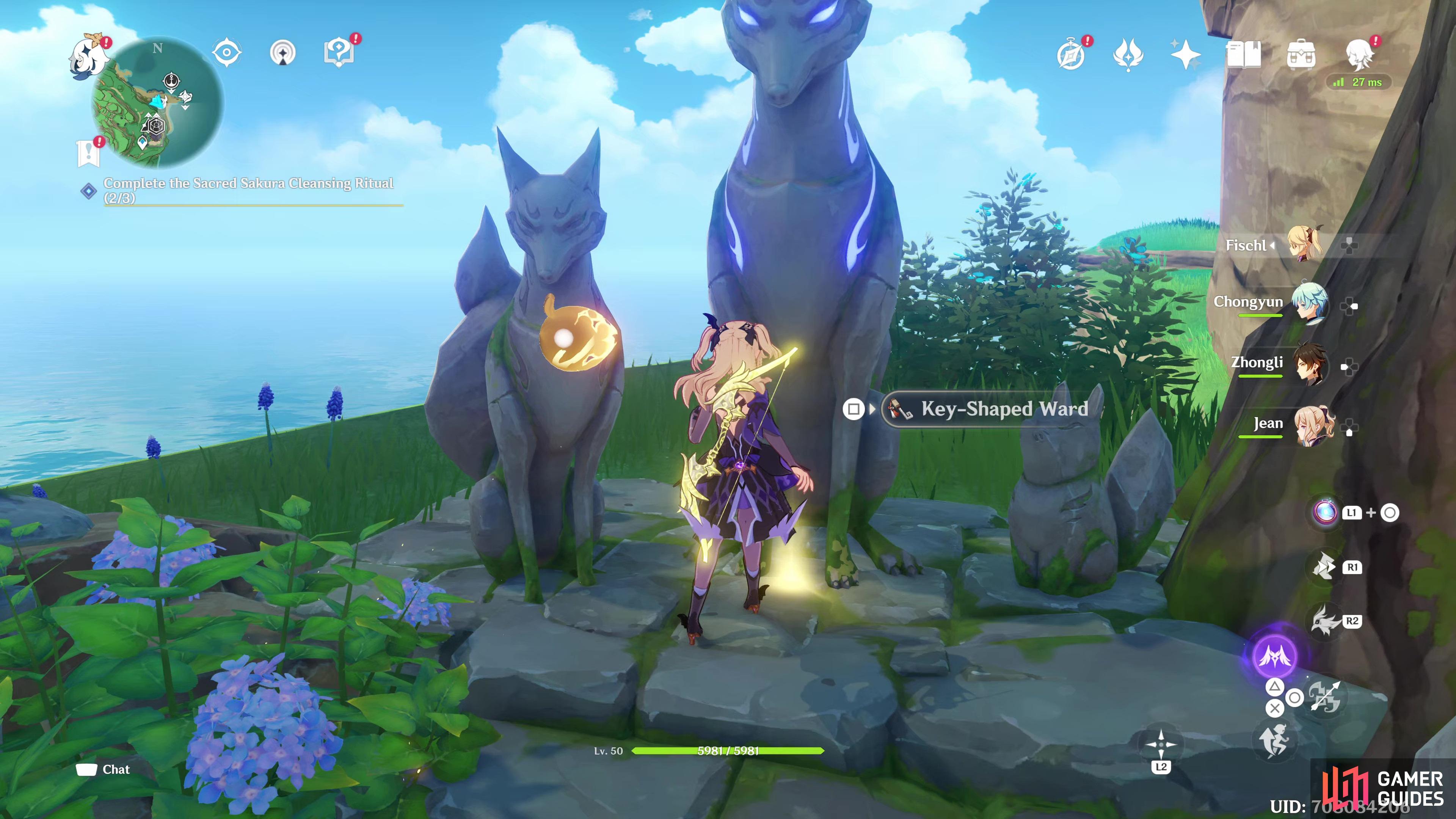 Shoot the Kitsune Statue with an electro character and collect the Ward. 