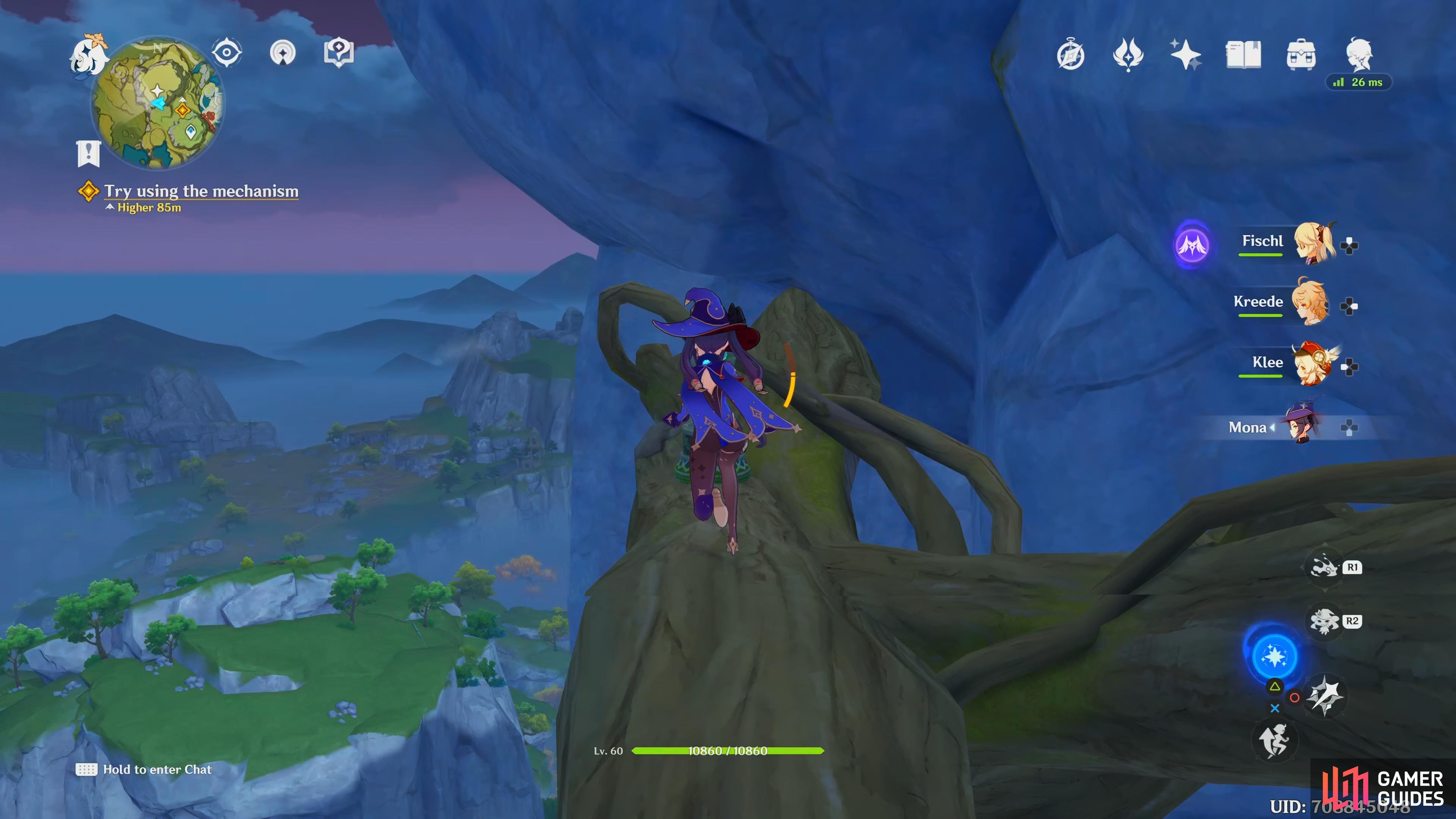 Use the vines on the side of the mountain to help climb up it