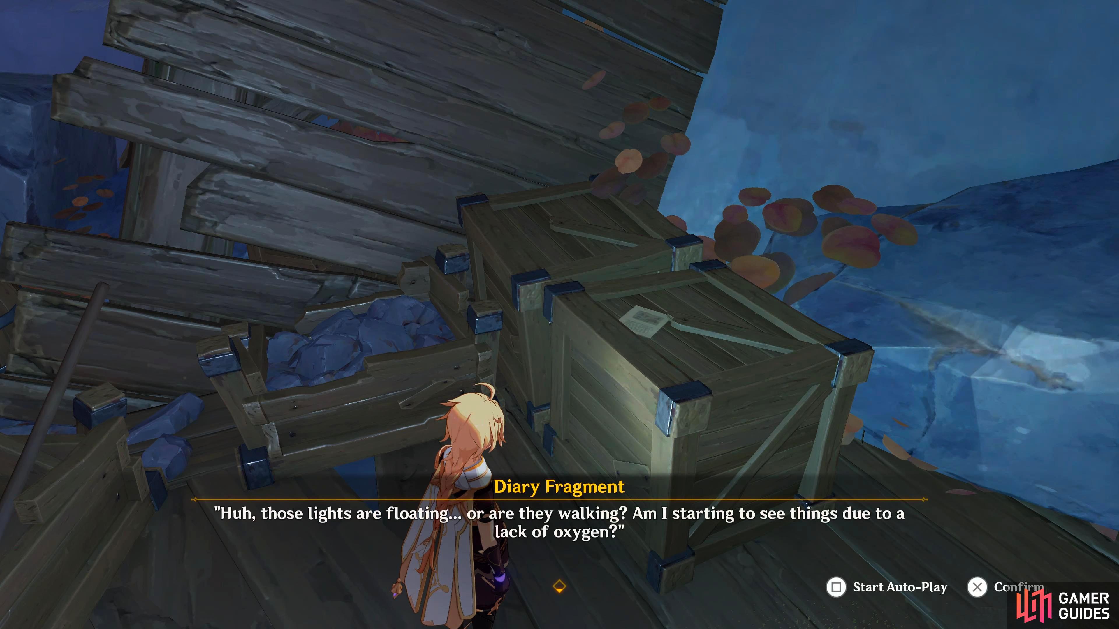 The first Diary Fragment can be found on th crates near the purple goo.