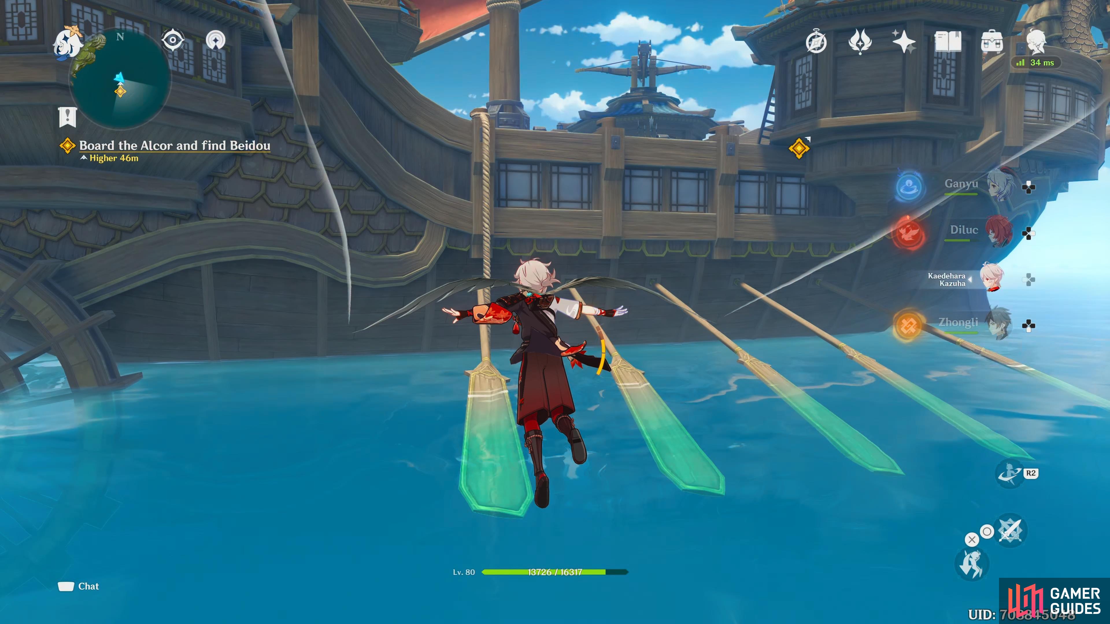 and land near the first oar, then climb up near the rope.