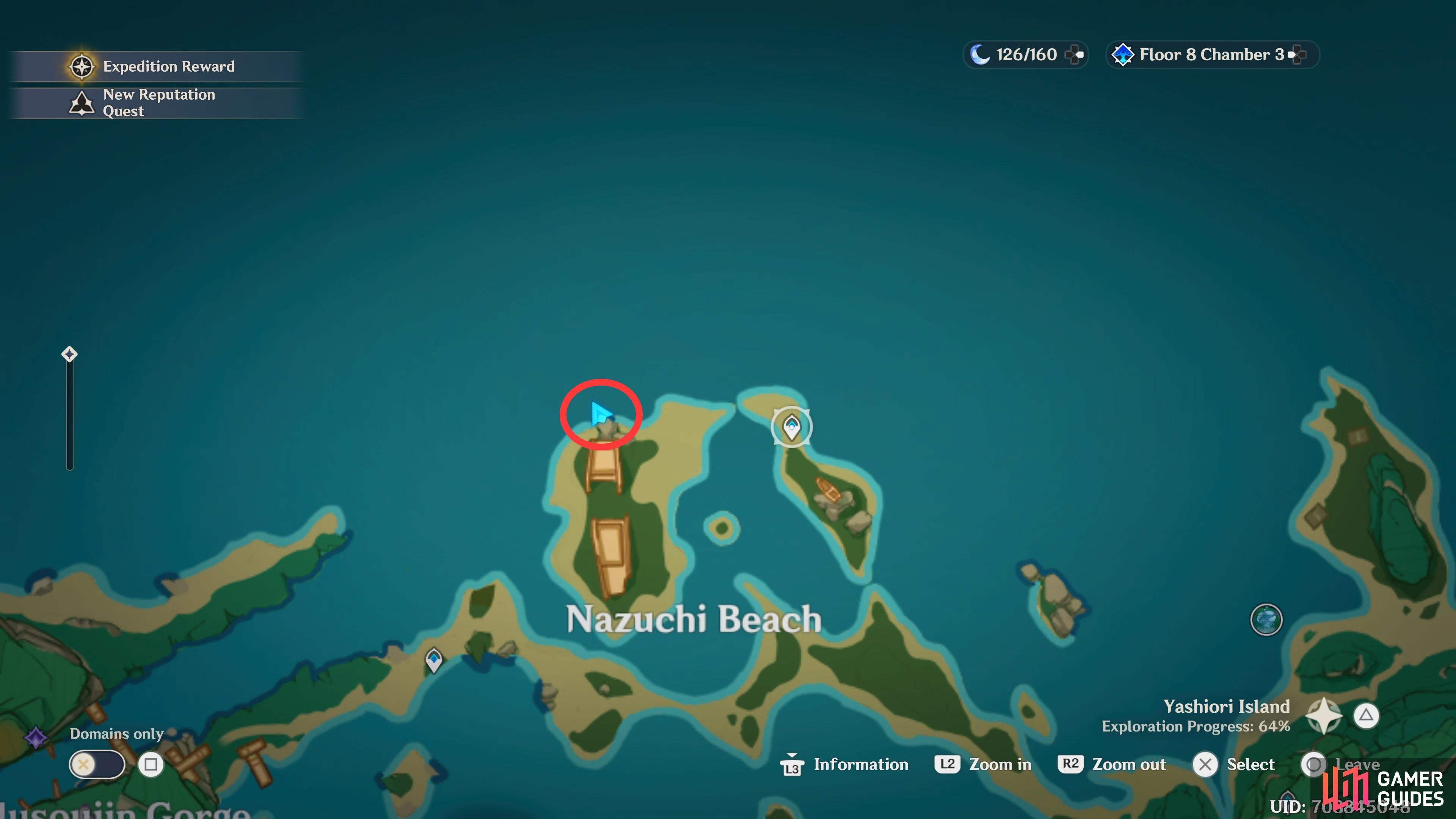 The Nazuchi Beach Fishing Point is at the north end of the beach, west of the waypoint.