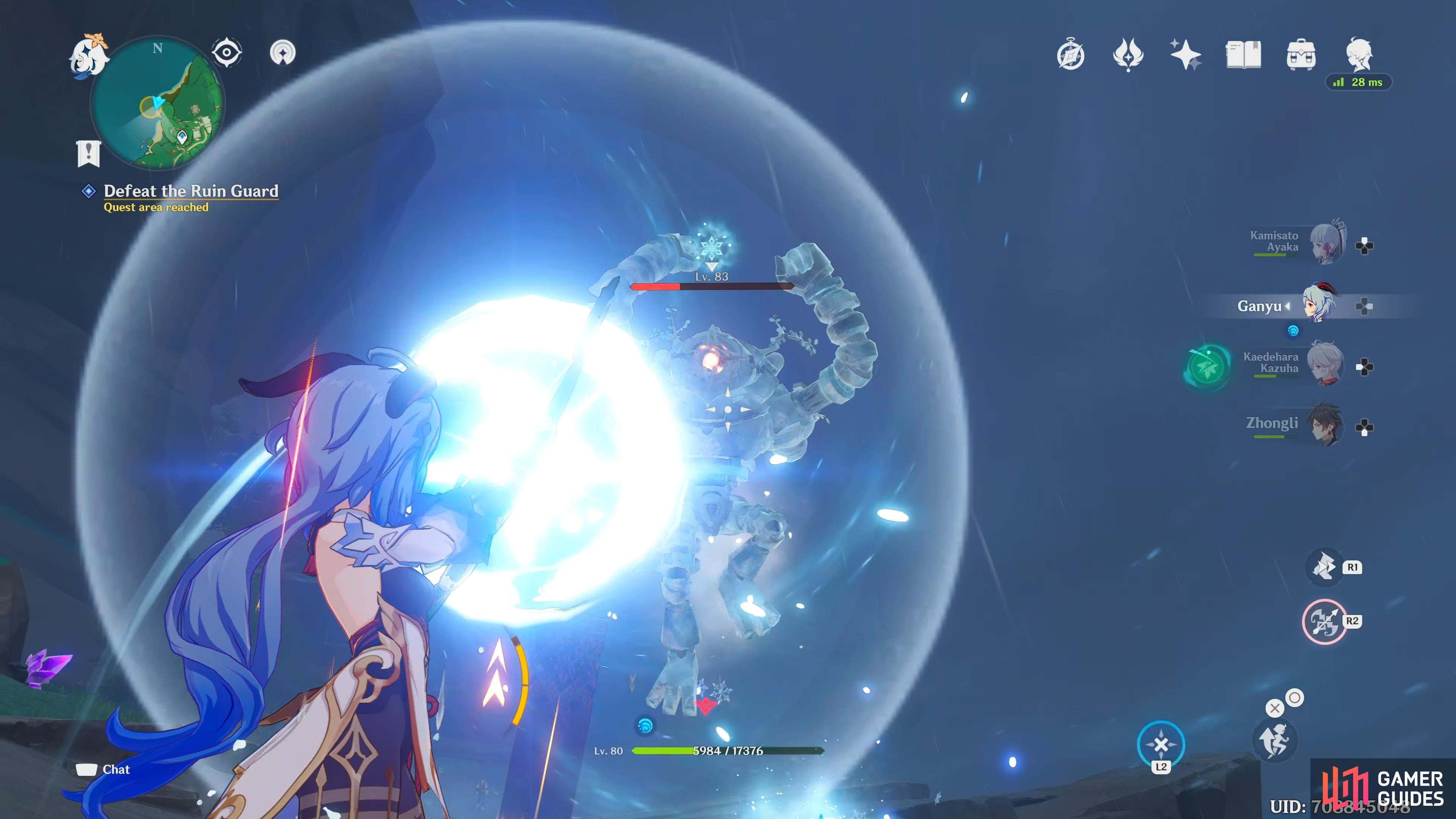 Make use of your surroundings. You are by the ocean which applies the wet status to the Ruin Guard automatically, add some Cryo to the mix, and it's frozen. Leaving you all the time in the world to defeat it, without taking any damage.