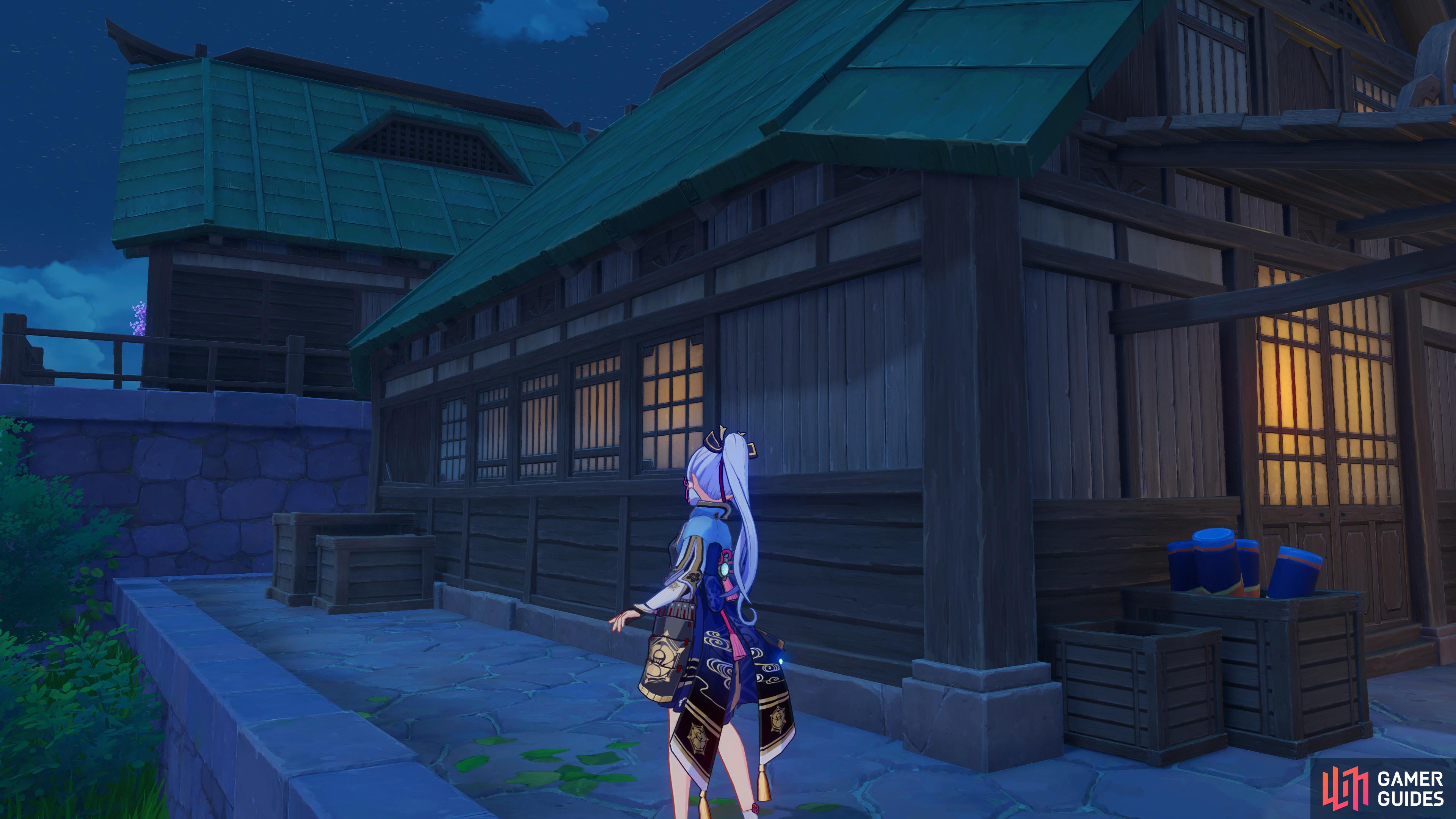 Head around the north side of Yoimiya's house to find Sakujirou.