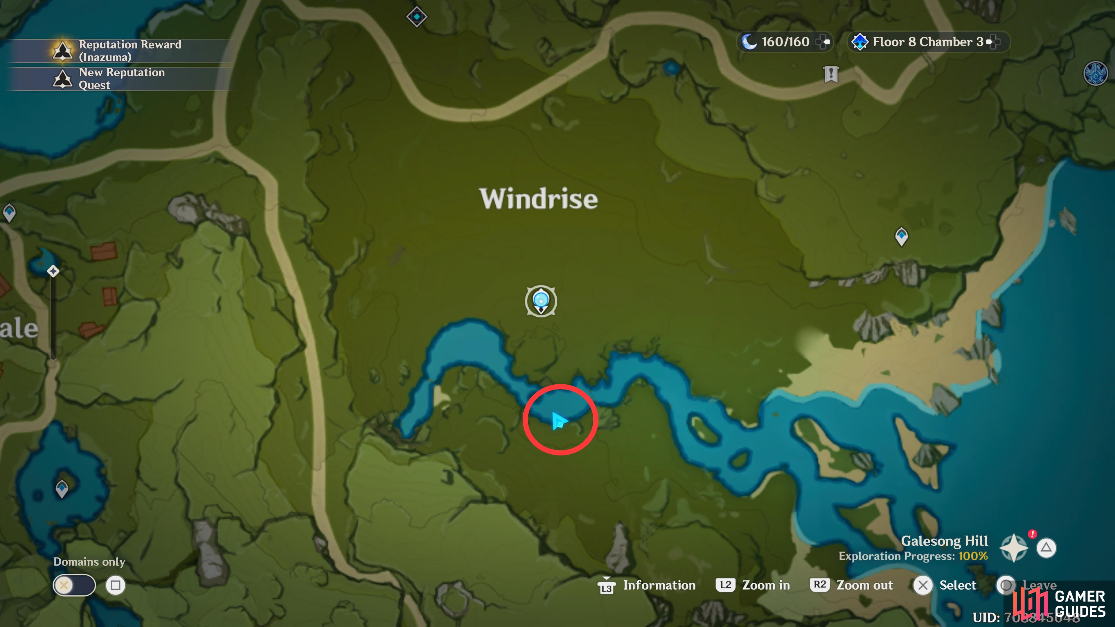 Der South Windrise Fishing Point kann vom Fluss direkt südlich der Siebenstatue gefunden werden