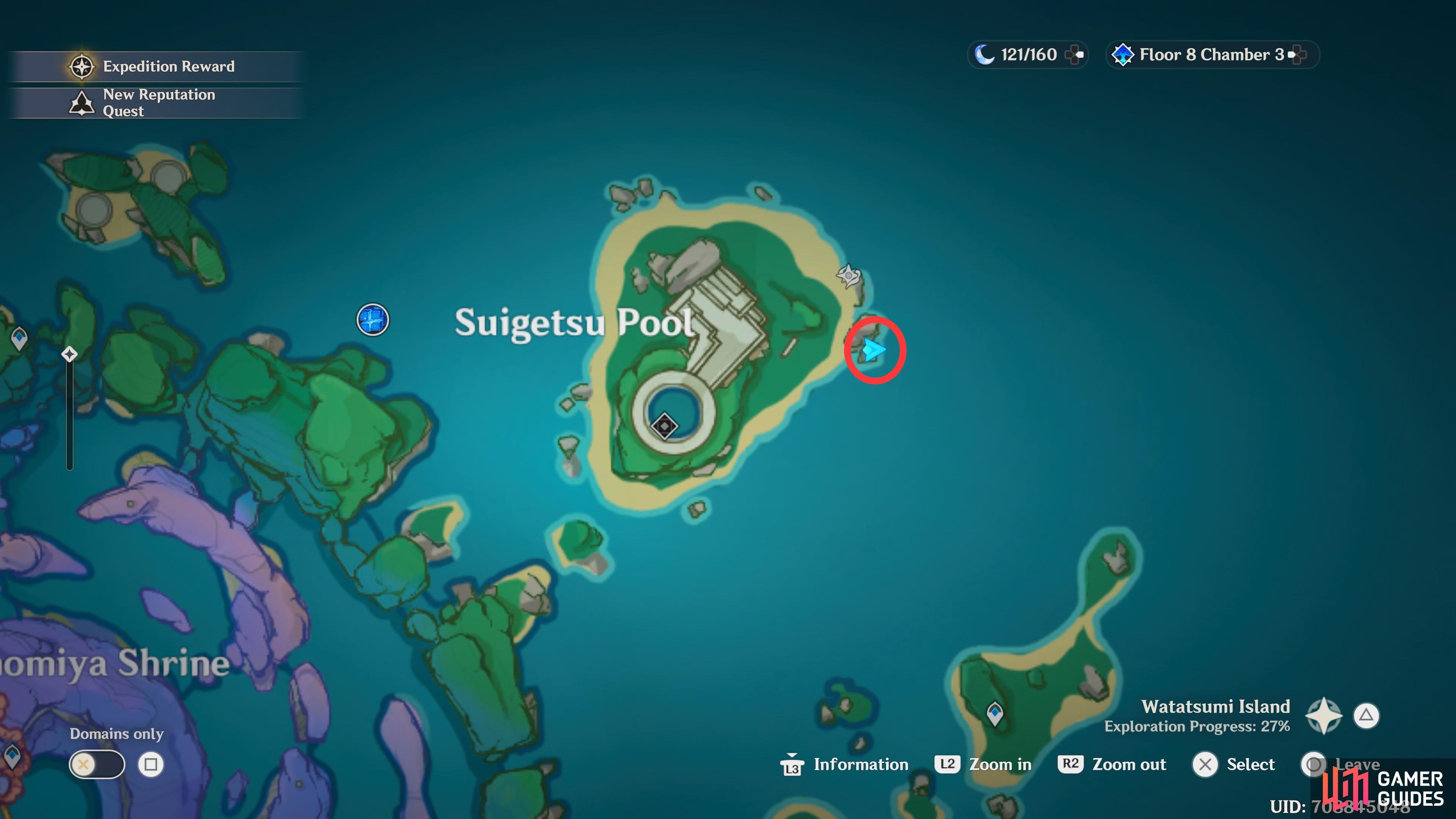 The Suigetsu Pool Fishing Point is located next to the Waverider waypoint, on the east of the small island northeast of Sangonomiya Shrine.