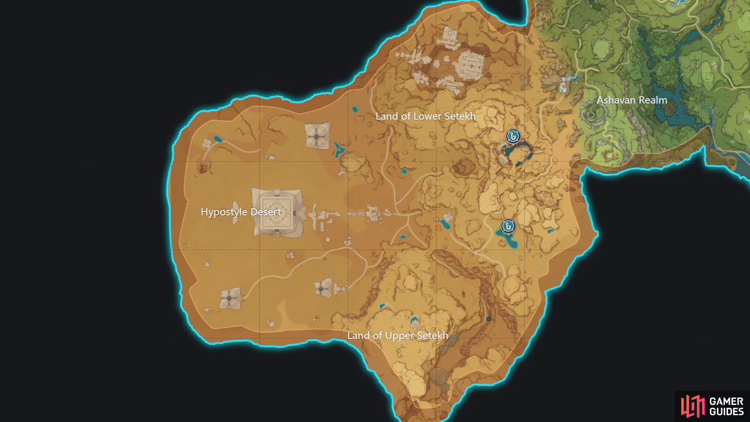 Fishing locations in the Sumeru Desert via the Teyvat Interactive Map.