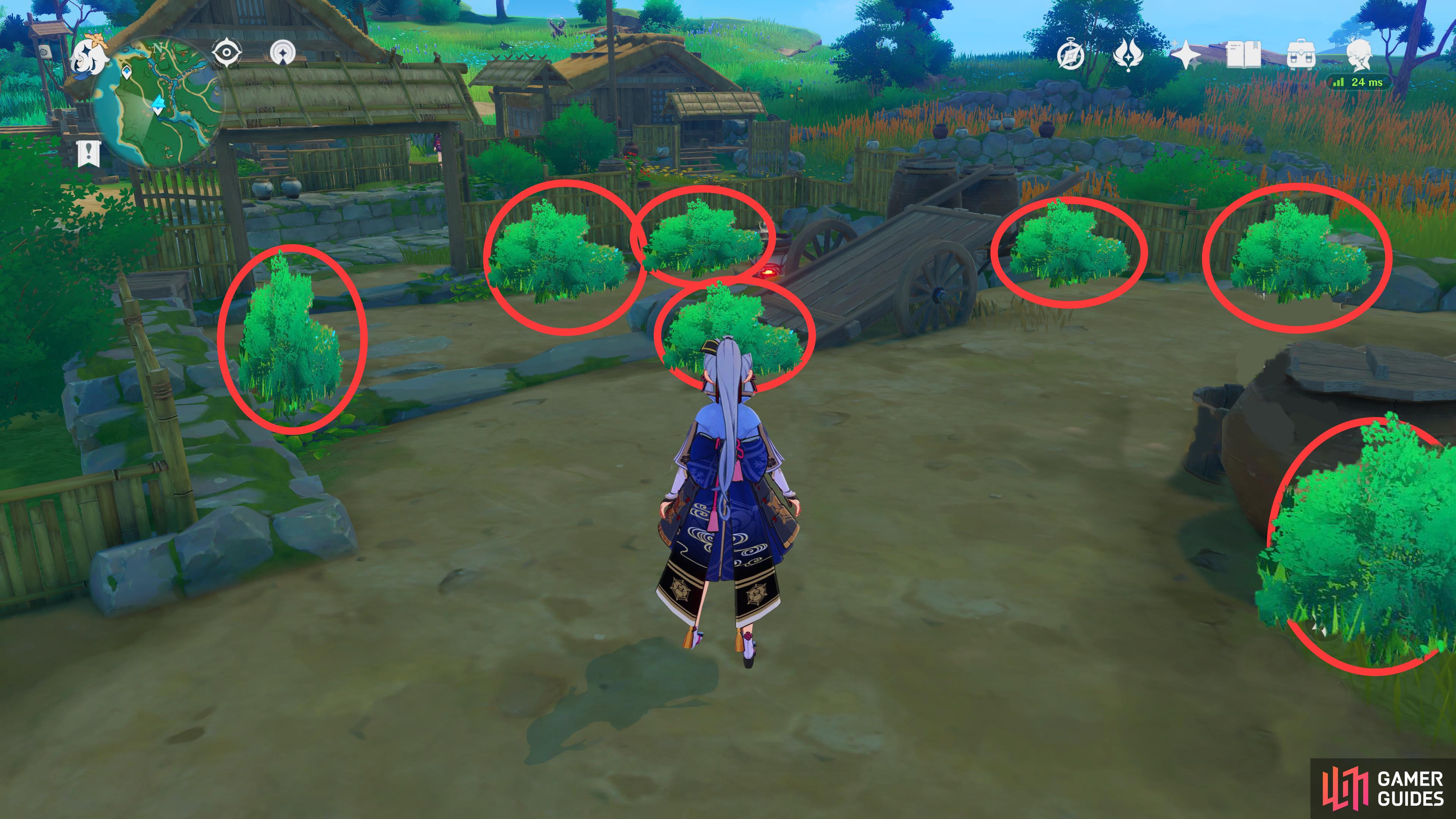 There are seven bushes to attack to clear the weeds, all these can be found outside the Imatanis house.