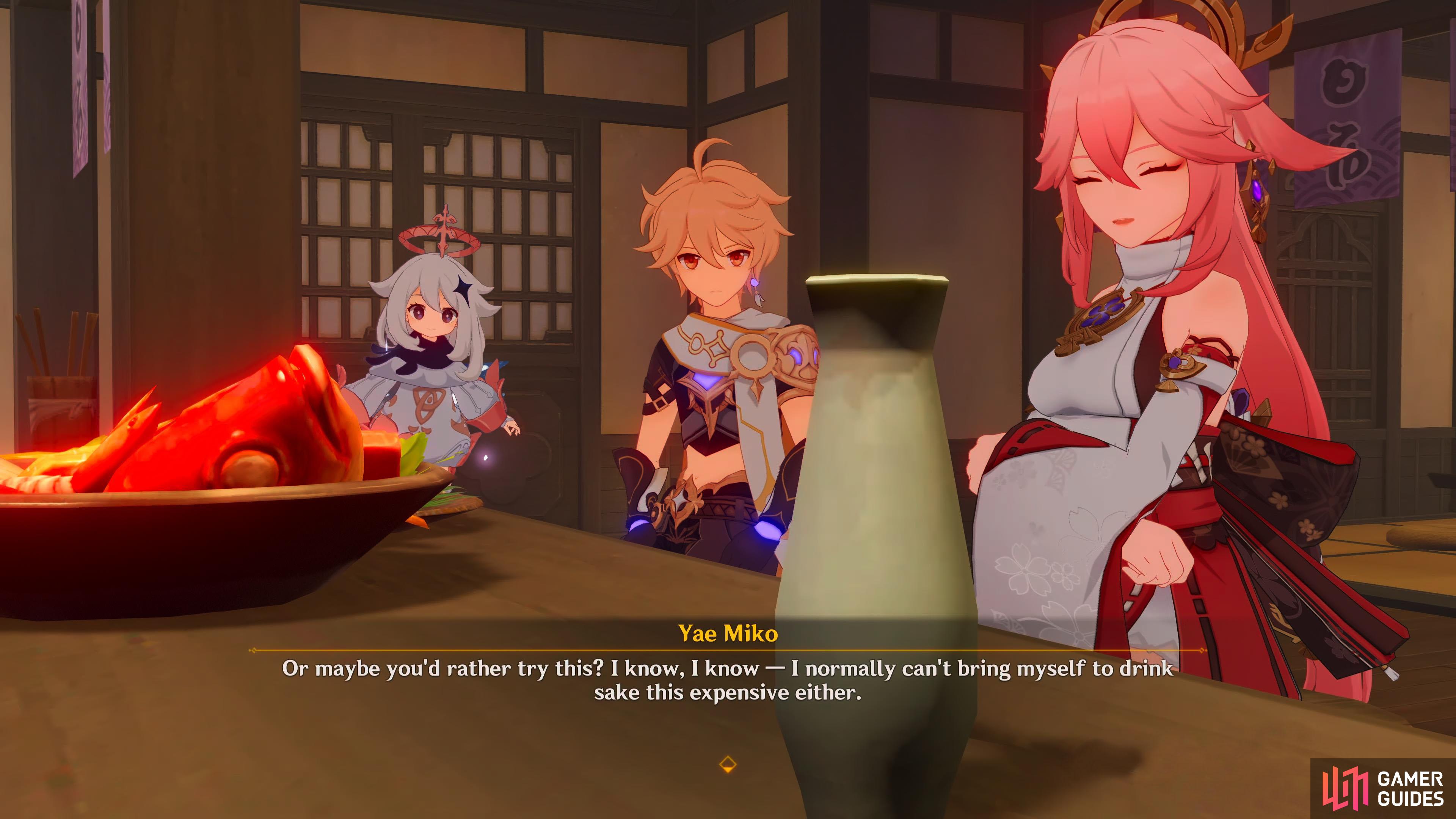 Yae Miko is enjoying her lavish meal at your expense.