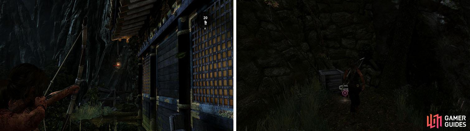 Shoot the Lantern to begin a new challenge (left). Don't miss the GPS Cache behind the gazebo with a Food Cache (right).