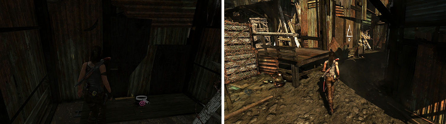 Don't miss the GPS Cache on the floor between two barricades (left). The building with the painting had two barricades, each with items (right).