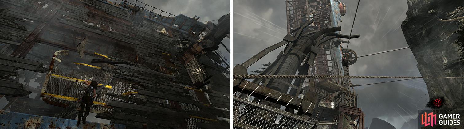 As the turret shoots the pulleys, causing the ship to turn, climb the side of the ship (left) until Lara escapes onto the ziplines (right).
