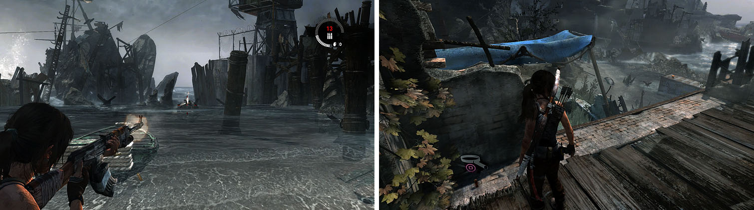 Check the roof of the building near the campfire for a GPS Cache (left). To the south, shoot the Mine in the ocean (right).