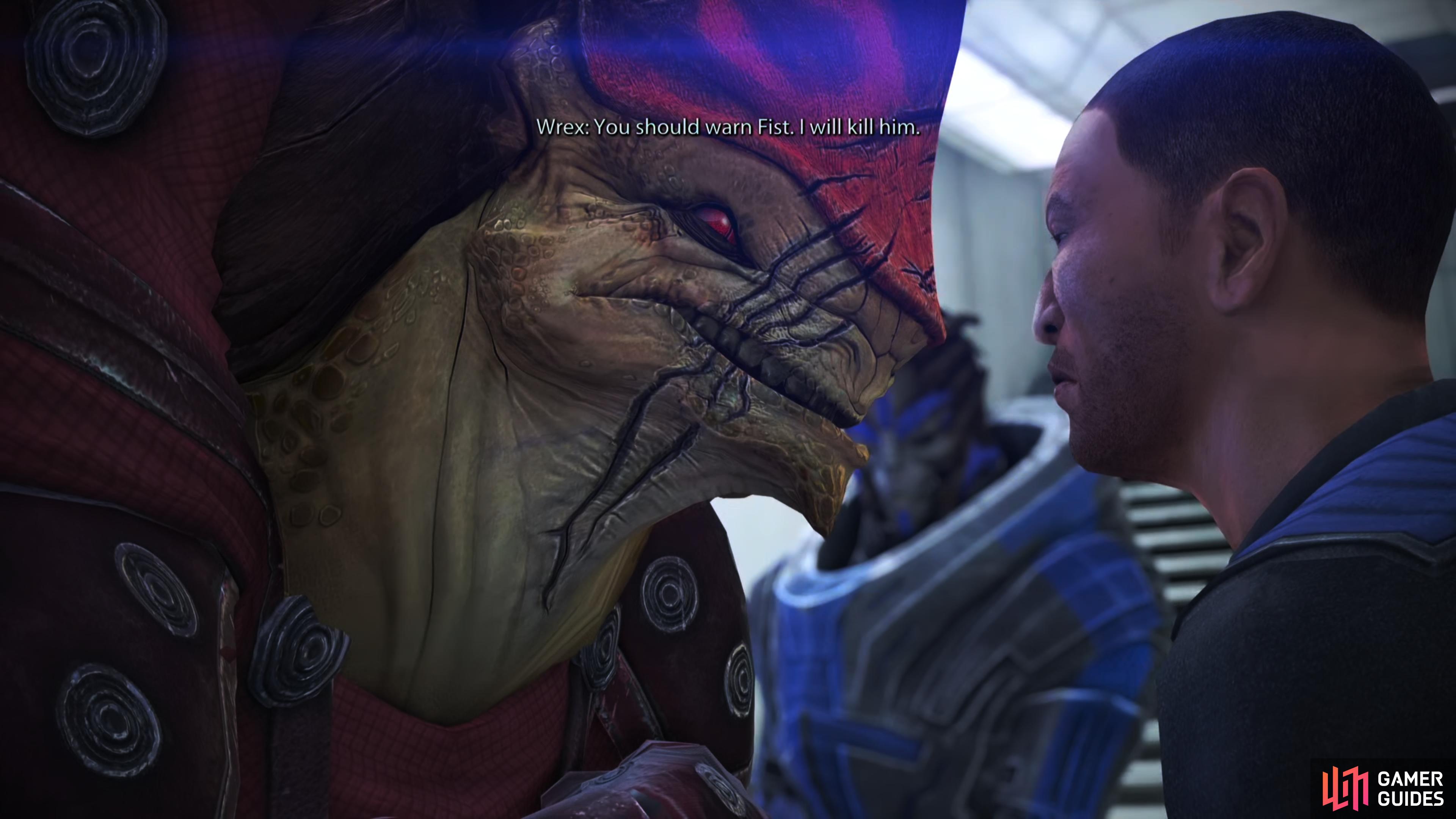 After learning about Wrex from Barla Von or Garrus, you'll find him doubling down on his threats at C-Sec Academy.
