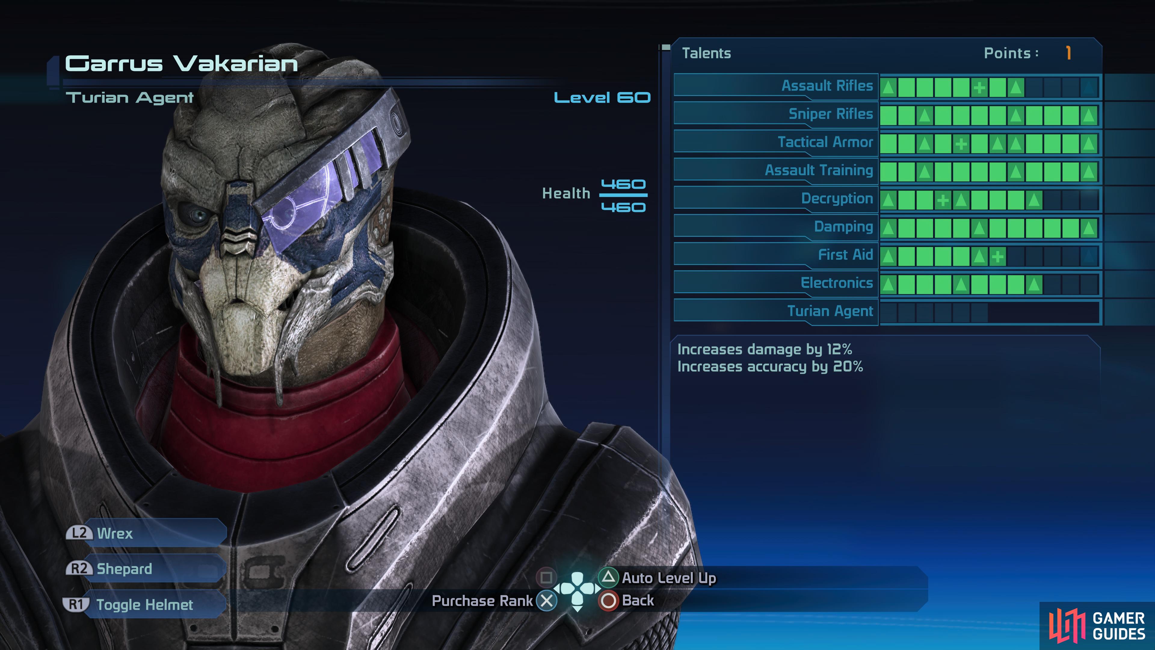 Suggested talent point allocation for Garrus.