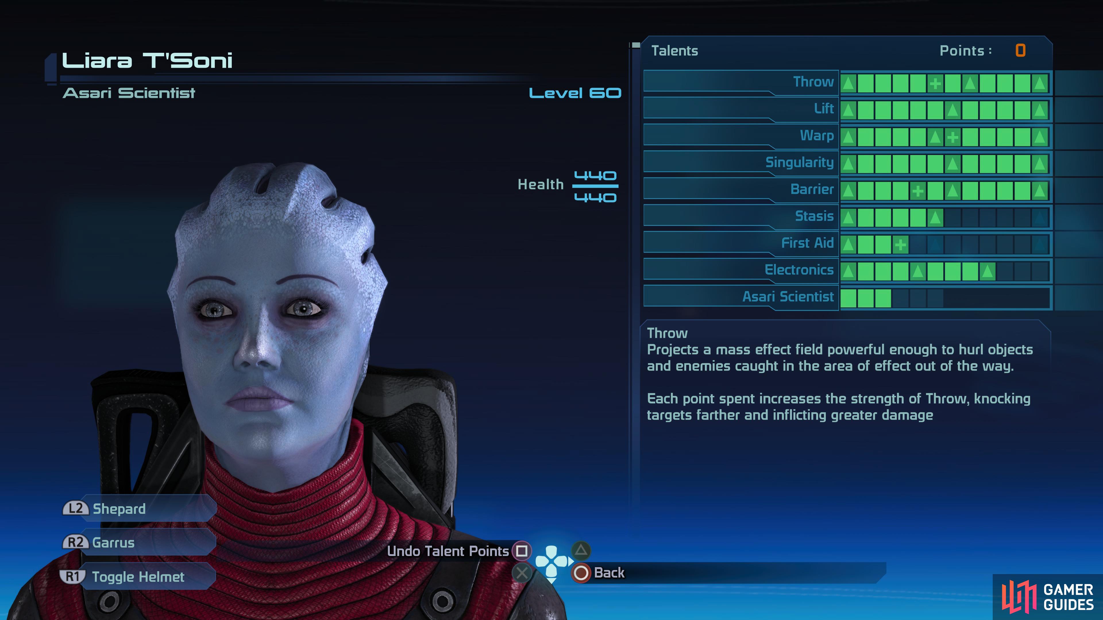 Suggested talent point allocation for Liara.