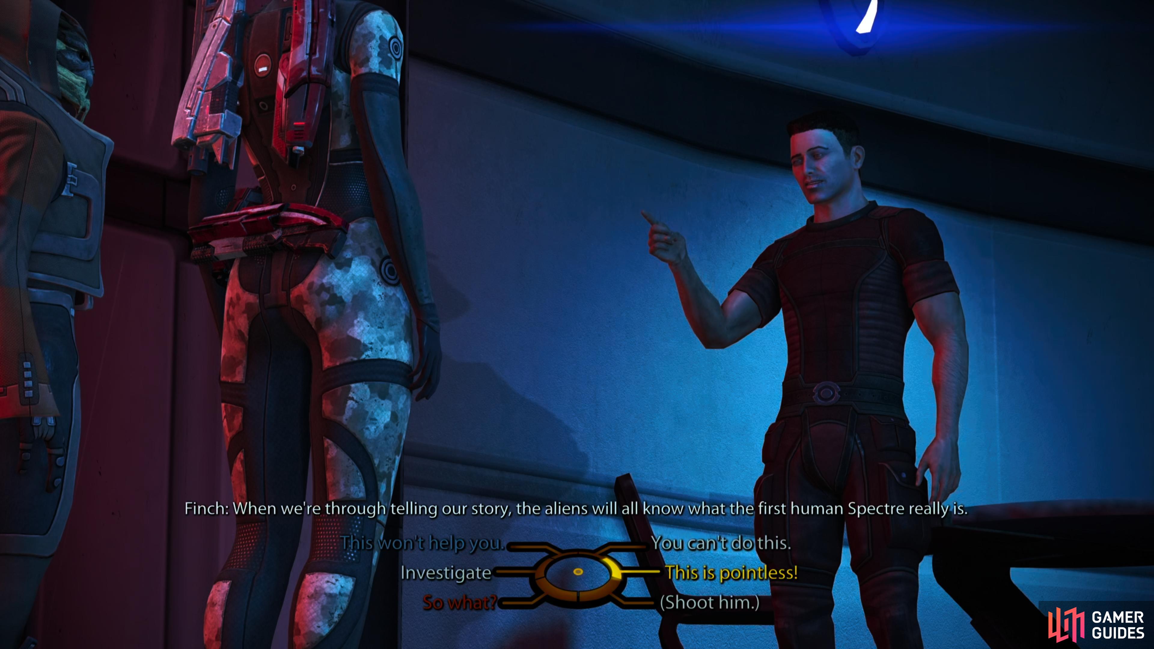 You can either convince the turian guard to let his prisoner go, or deal with an annoyed Finch.